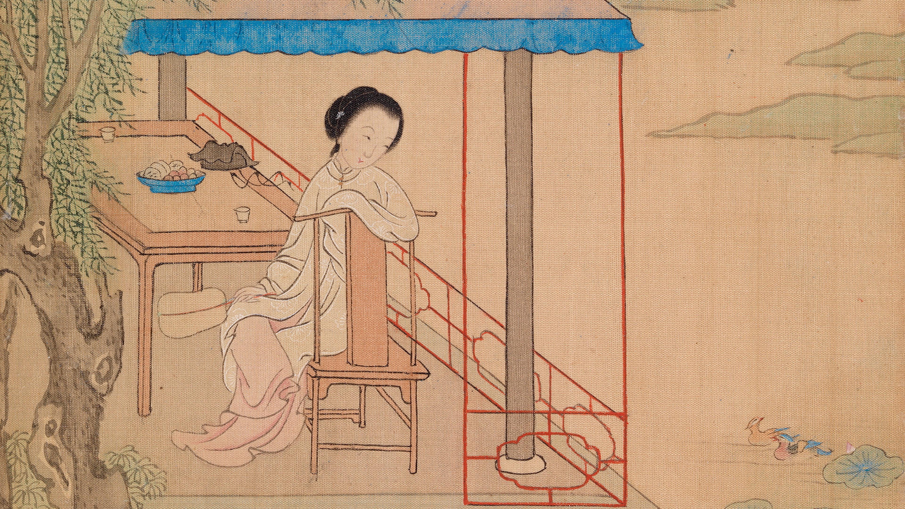 Traditional Chinese painting of a woman resting on a chair in a pavilion by a pond with ducks and lotus flowers.