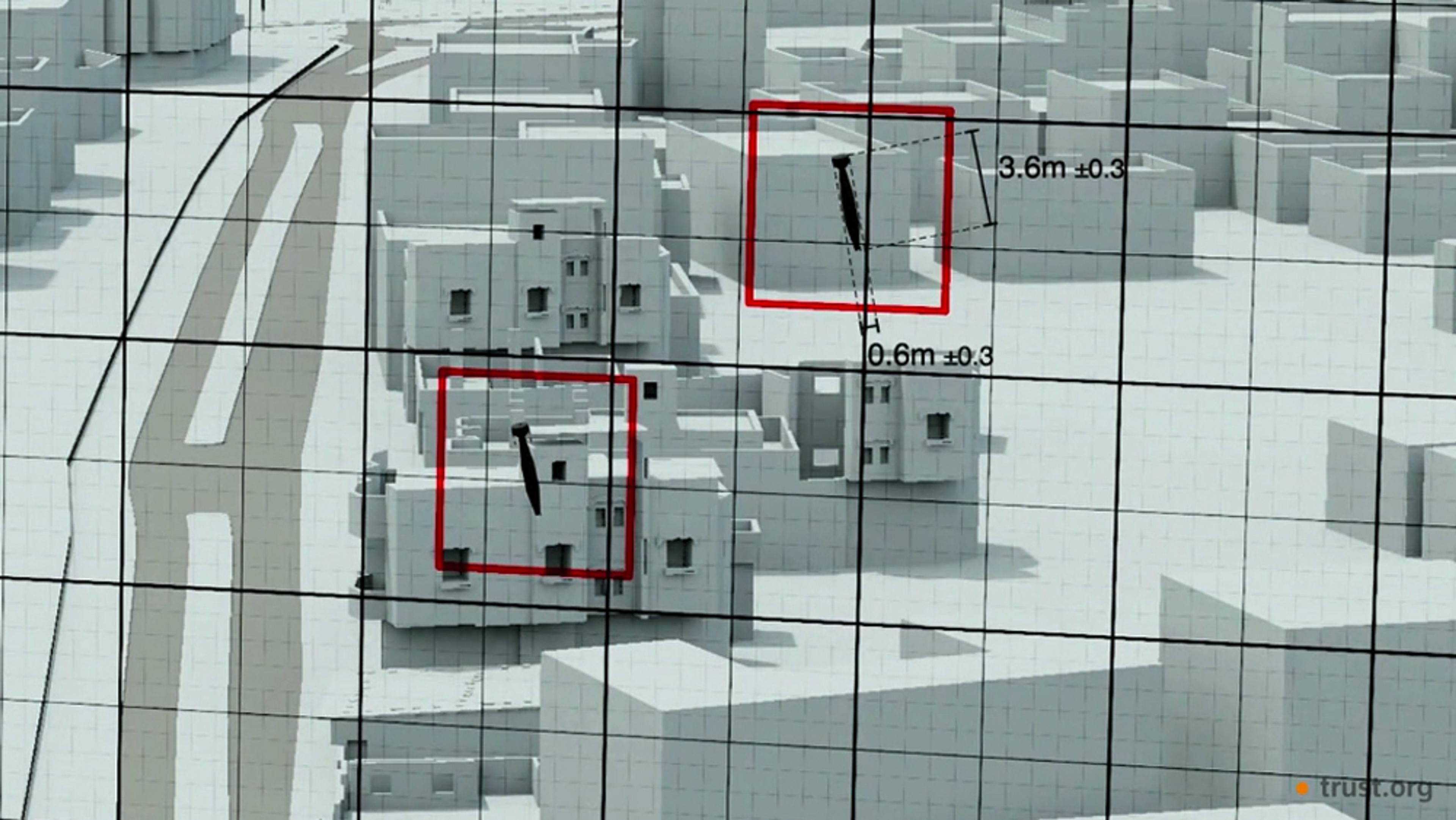 3D model of a city with buildings marked by red squares and measurement lines, seen through a grid overlay.