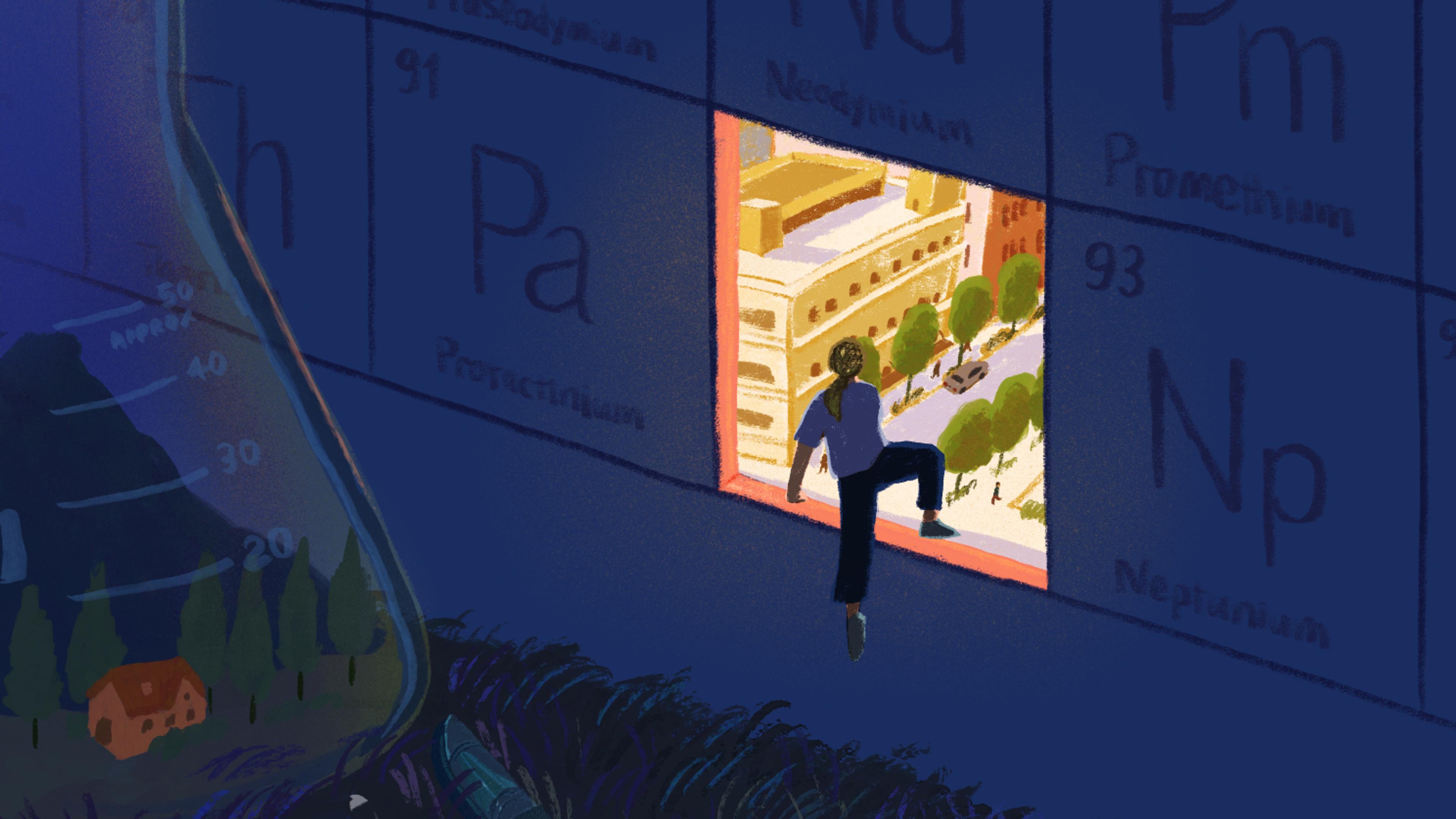 Illustration of person climbing through a window which takes the place of one square in a giant period table, through the window is a city scene.