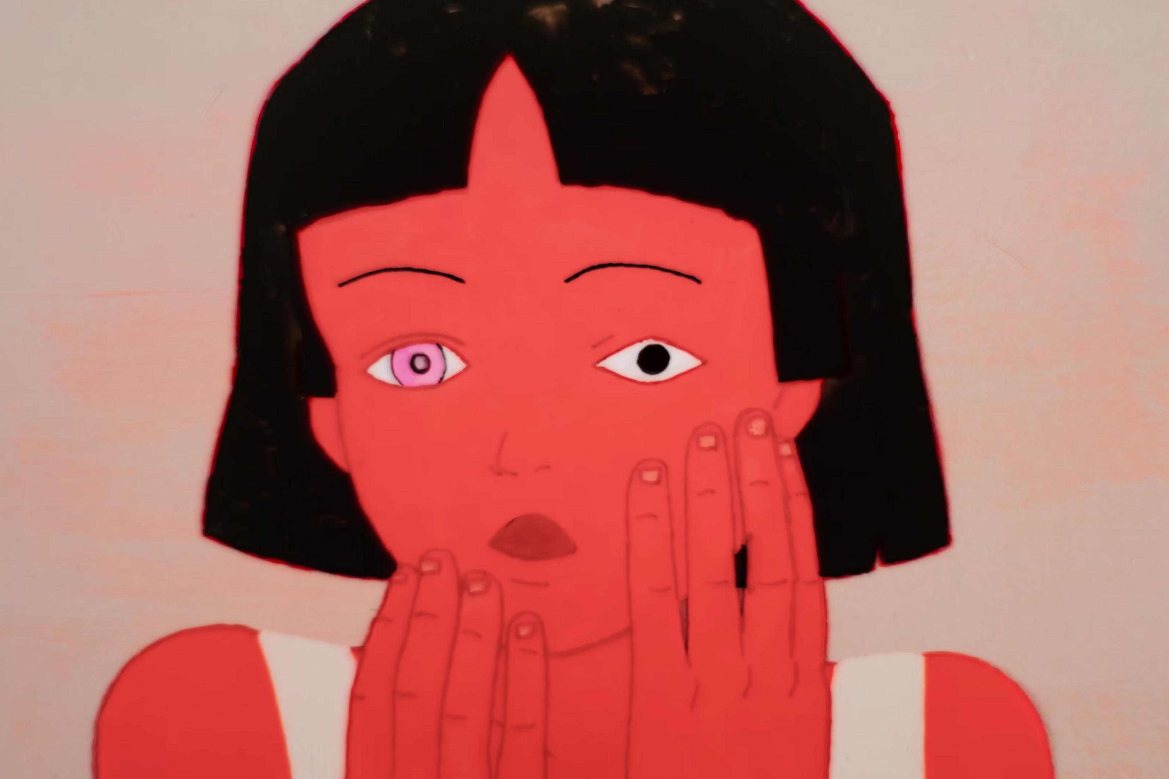 Illustration of a young woman with a bob haircut, red skin and two different coloured eyes. She holds her hands up to her cheeks.
