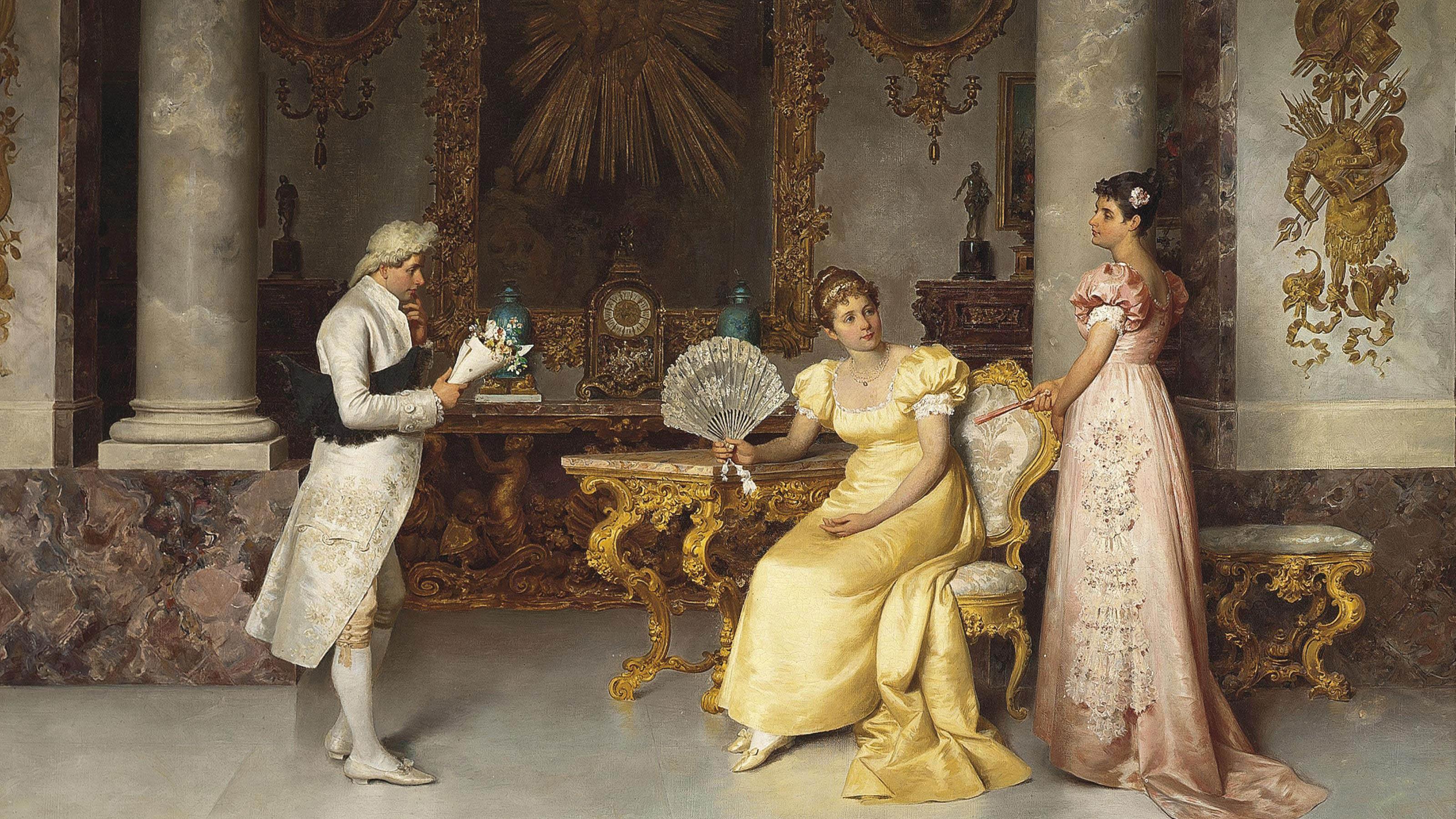 A classical painting of two women and a man in a lavishly decorated room with ornate furniture and clothing, 19th century style.