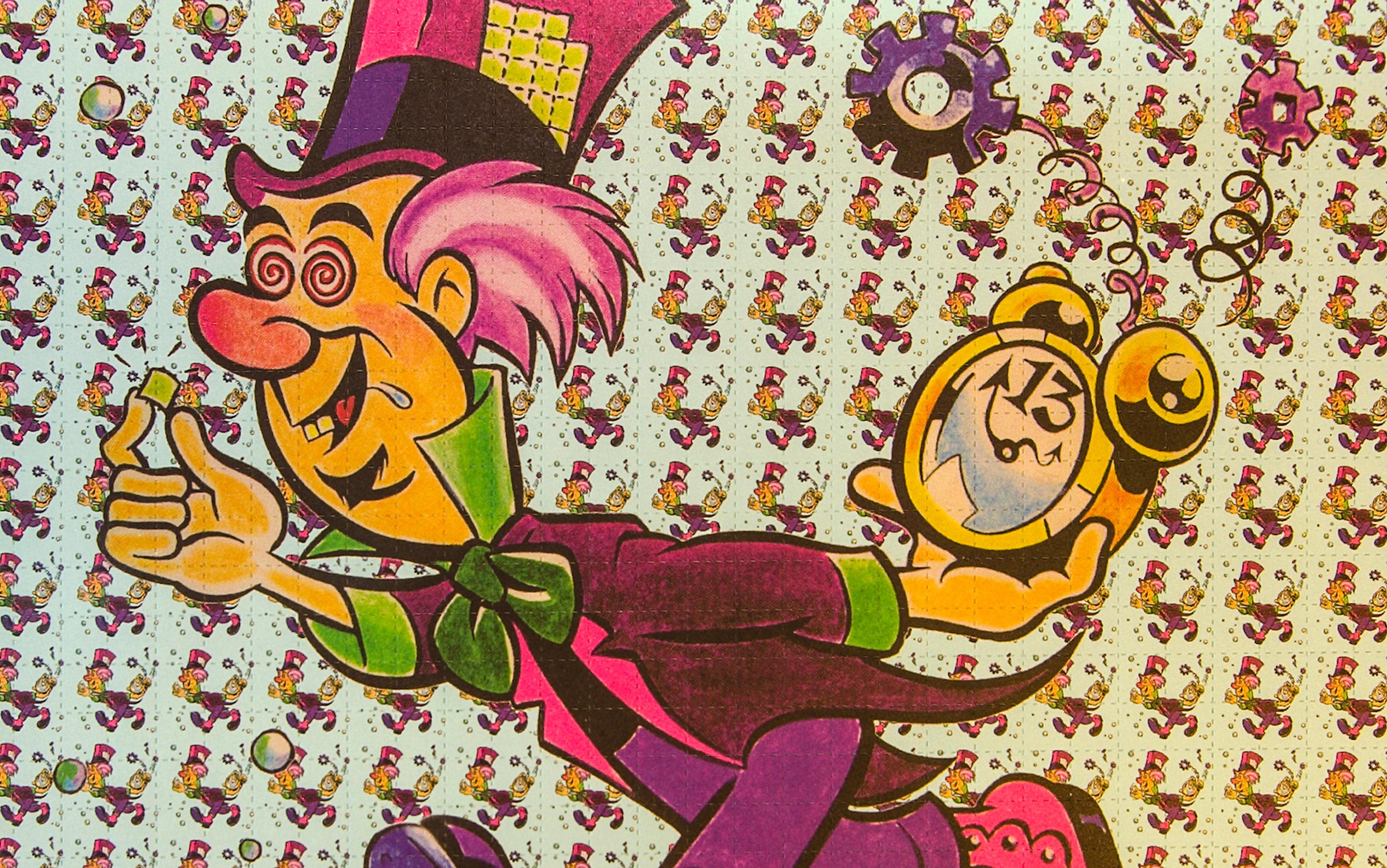 Colourful illustration of a whimsical character in a top hat and bow tie, holding a clock showing 13 o’clock. The background is filled with smaller images of the same character. The character’s eyes are spirals, and gears and bubbles are also present in the image.
