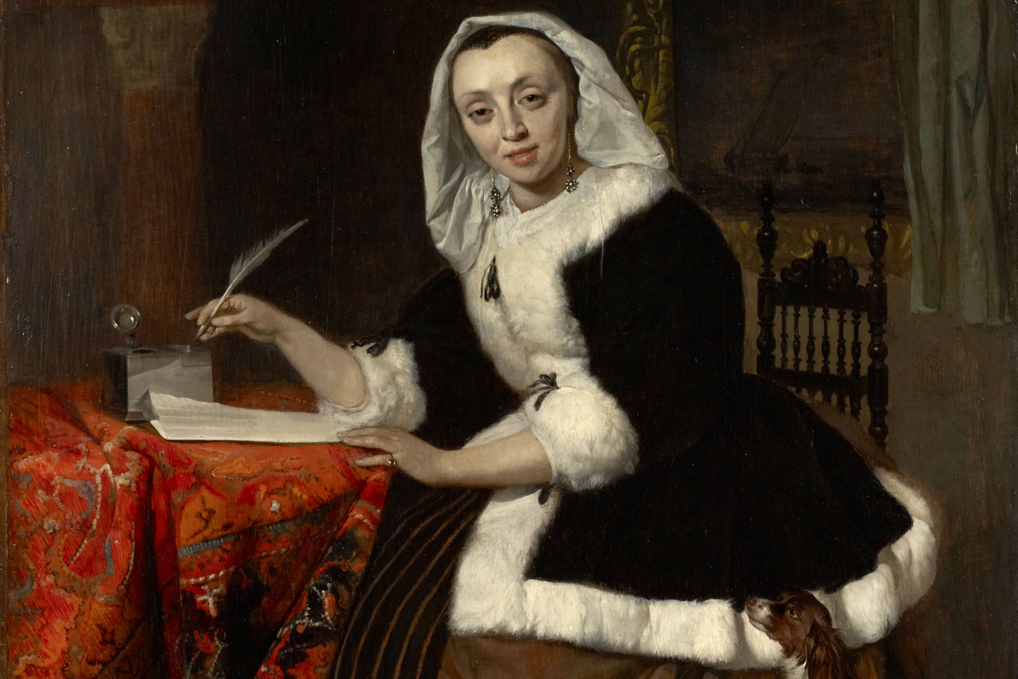 Painting of a woman in 17th-century attire writing with a quill at a table with a red cloth, a small dog nearby.
