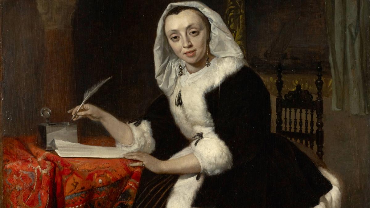 Painting of a woman in 17th-century attire writing with a quill at a table with a red cloth, a small dog nearby.