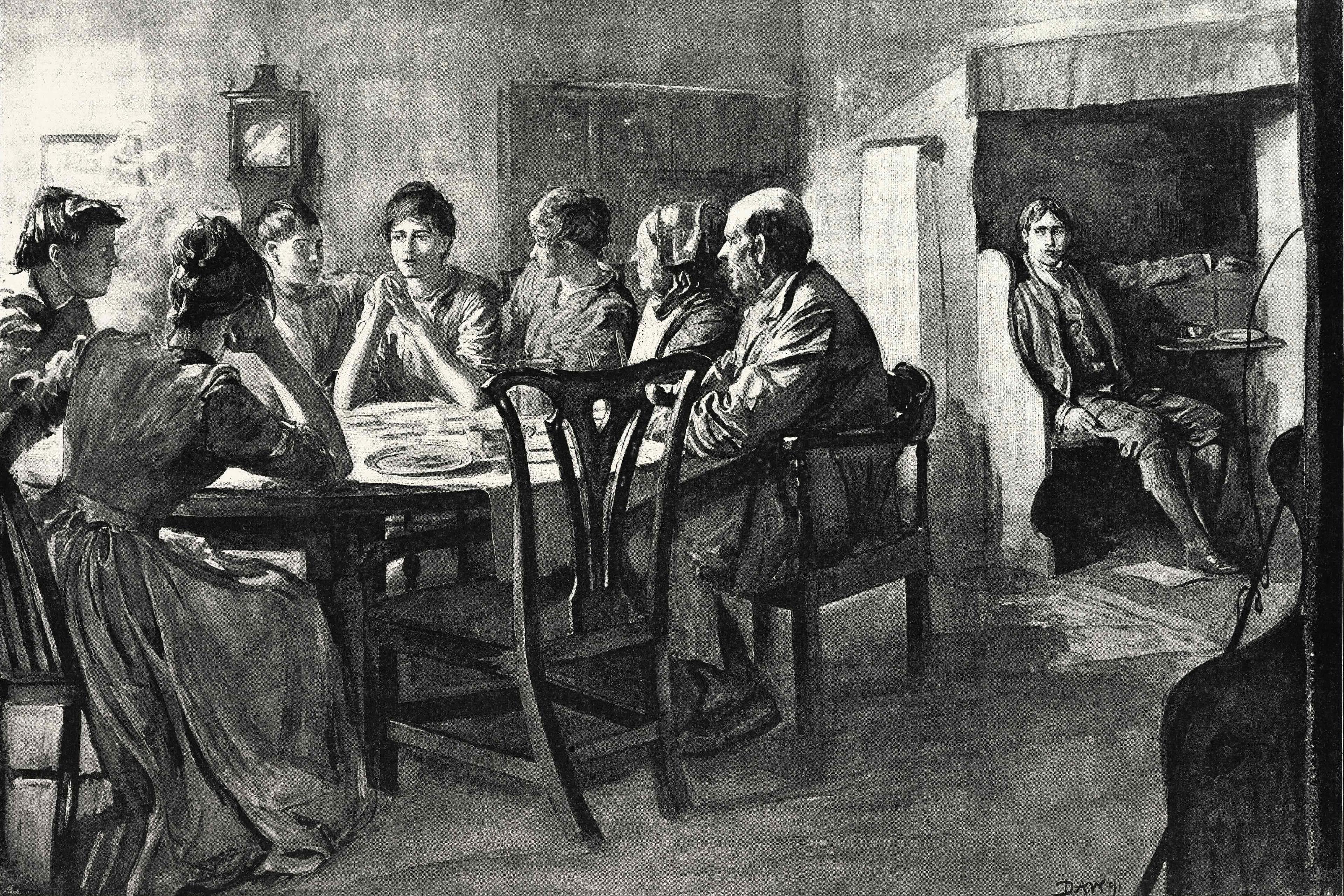 A black and white painting of people sitting around a table in a dimly lit room with one person seated near a fireplace.
