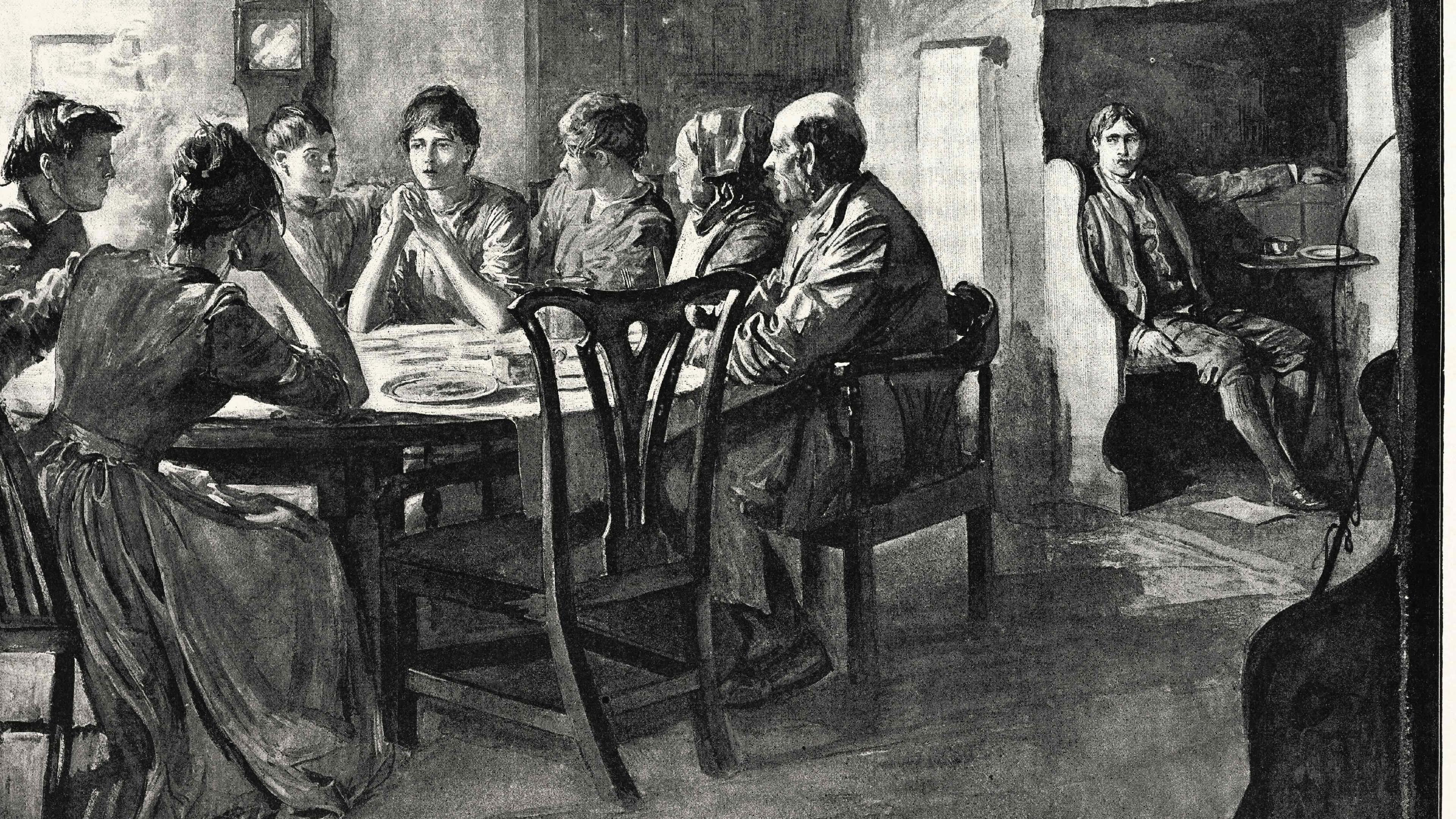 A black and white painting of people sitting around a table in a dimly lit room with one person seated near a fireplace.