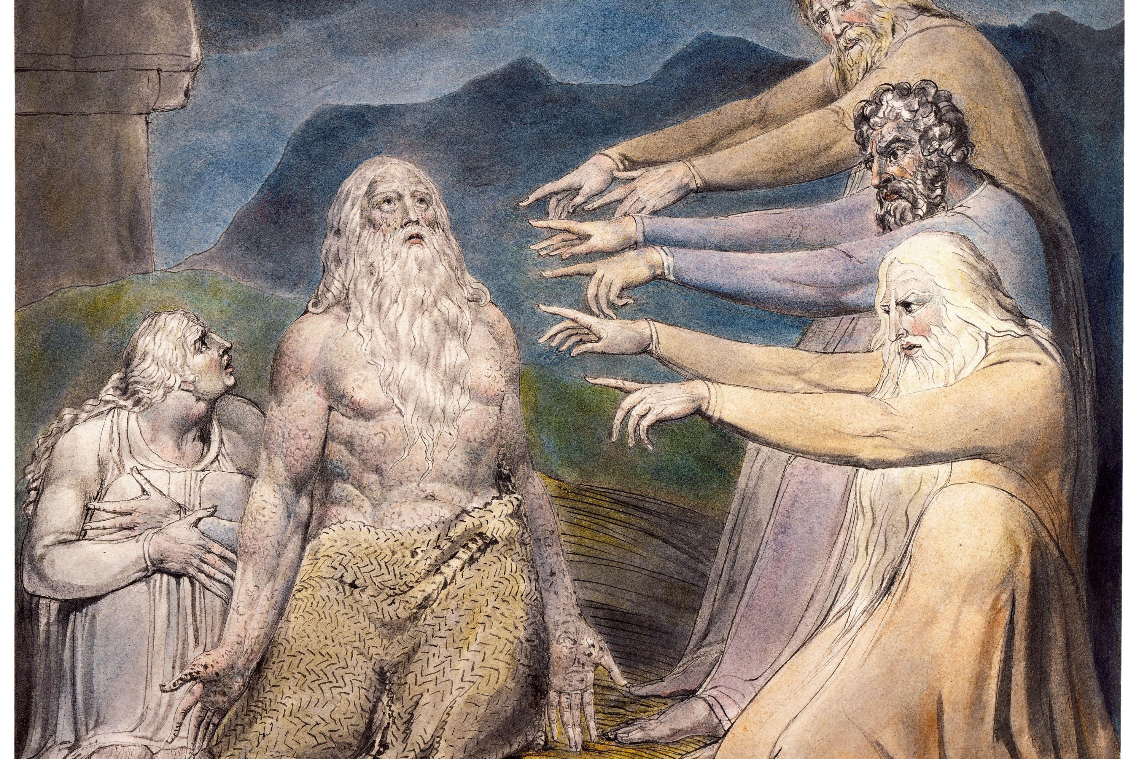 Painting of a bearded man seated with sores, surrounded by figures pointing at him, set against a mountainous backdrop.