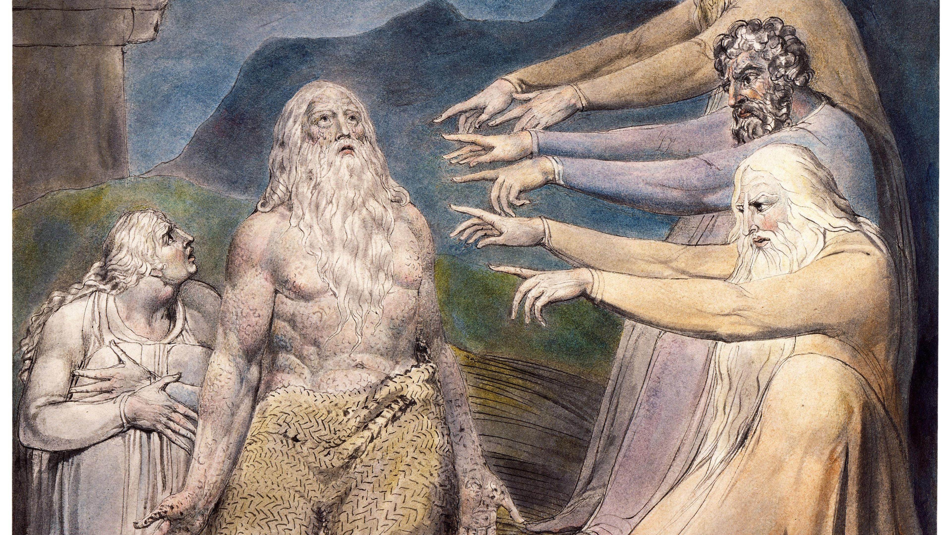 Painting of a bearded man seated with sores, surrounded by figures pointing at him, set against a mountainous backdrop.