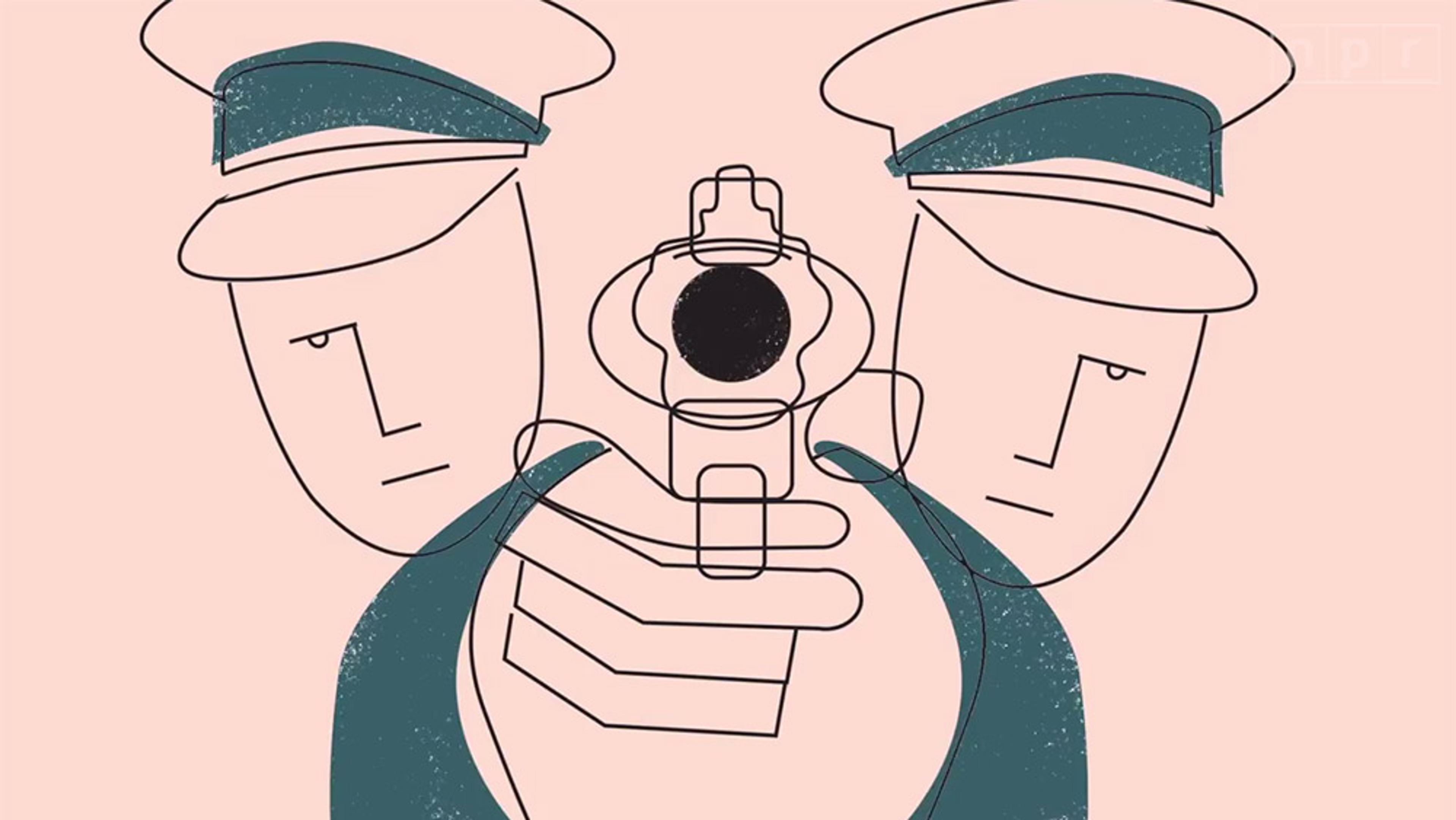 Abstracted line drawing of two police officers pointing a gun at the viewer on a light peach background.