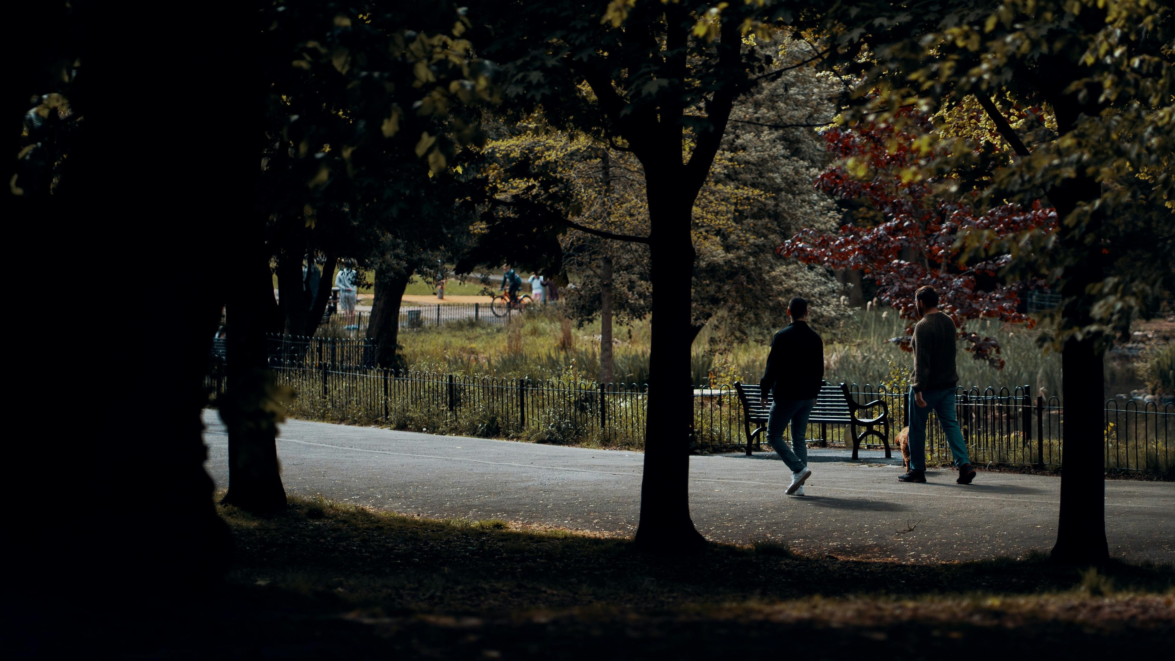 Two people walking through a park with trees casting shadows. A bench is visible.