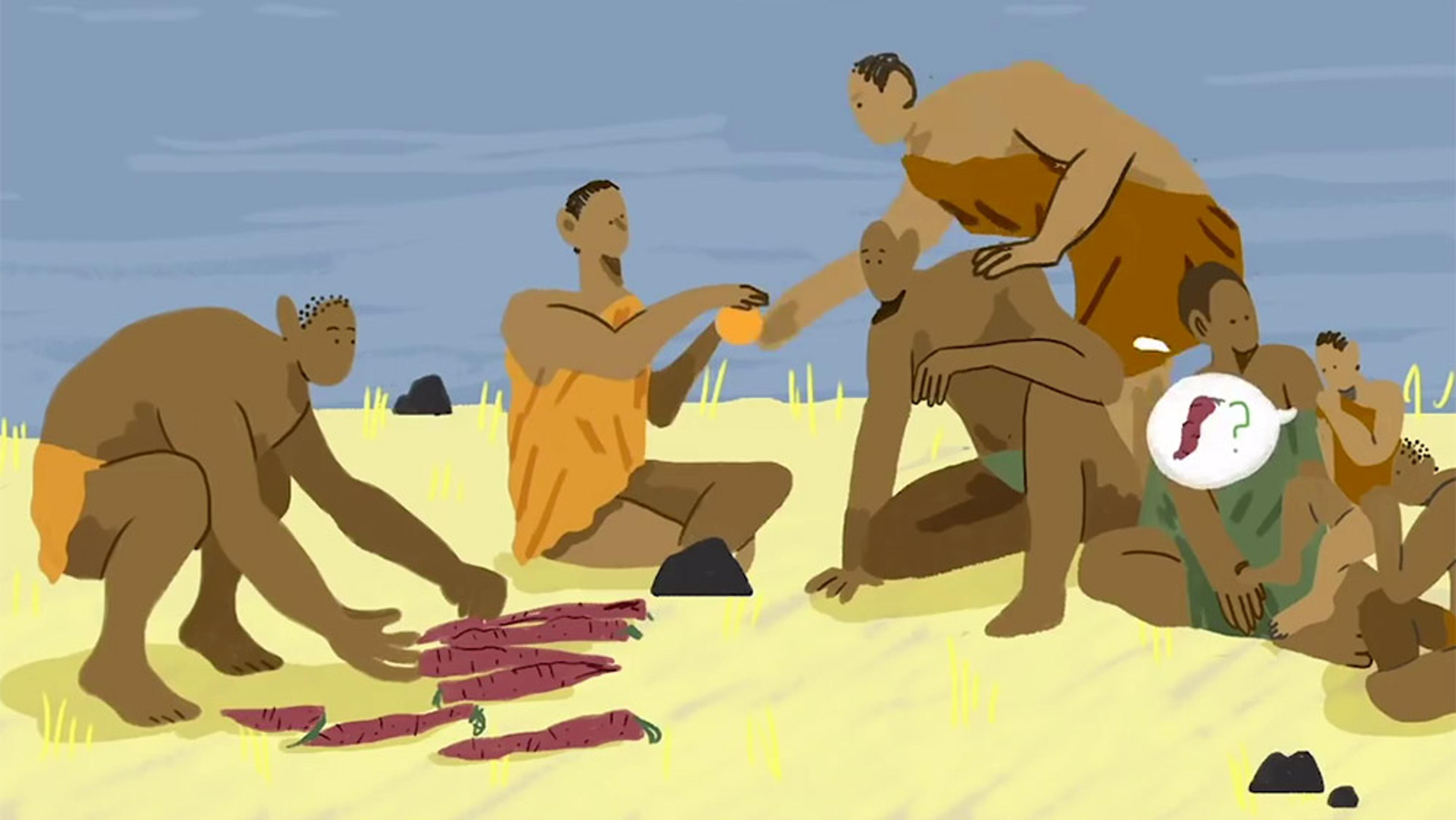 Painting of people sharing food on the ground, one person sorting yams, others sitting and talking by a body of water in the background.