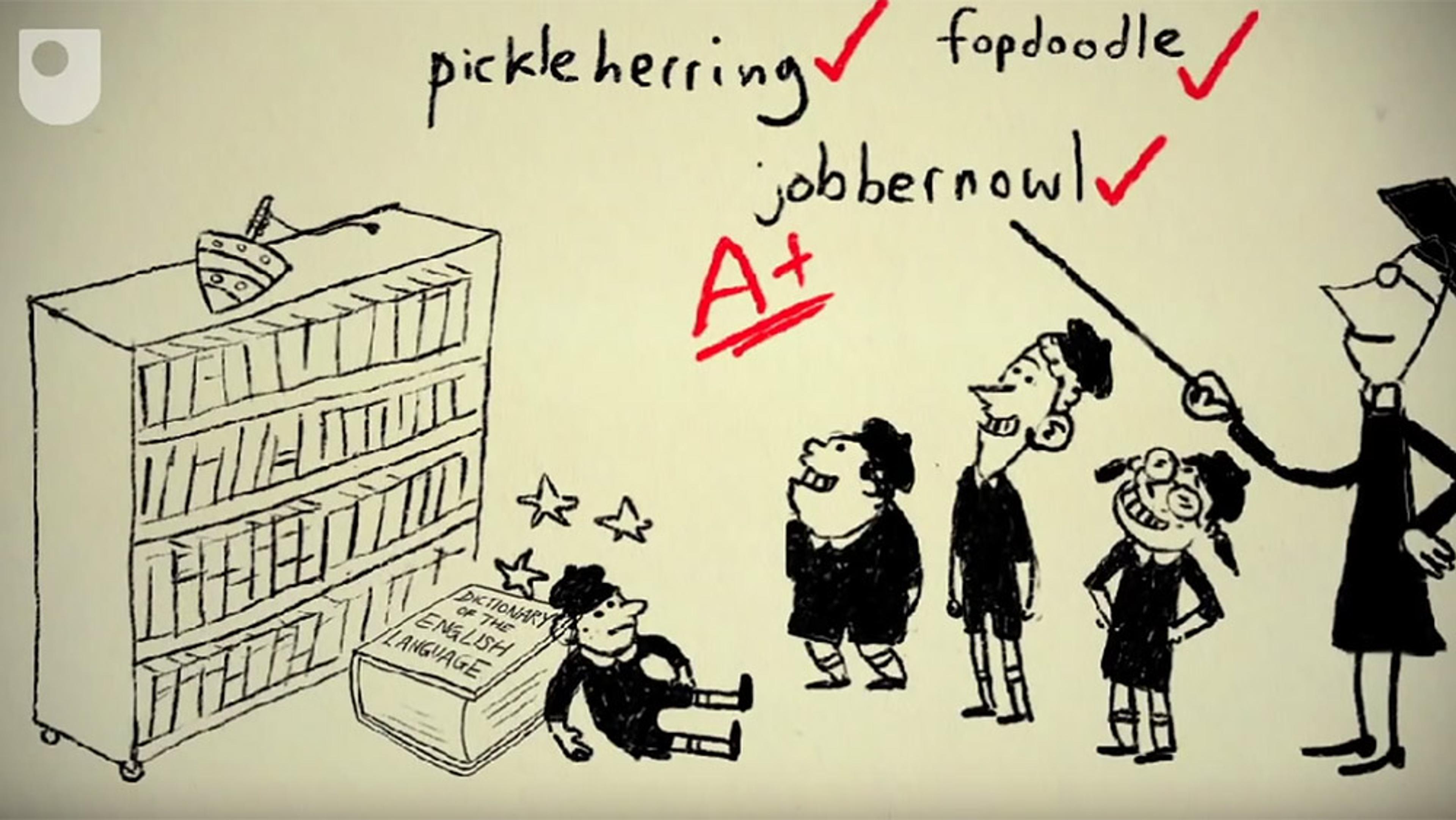 Cartoon of a teacher pointing at words on a board, students laughing, a book labelled “Dictionary of the English Language” on the floor.