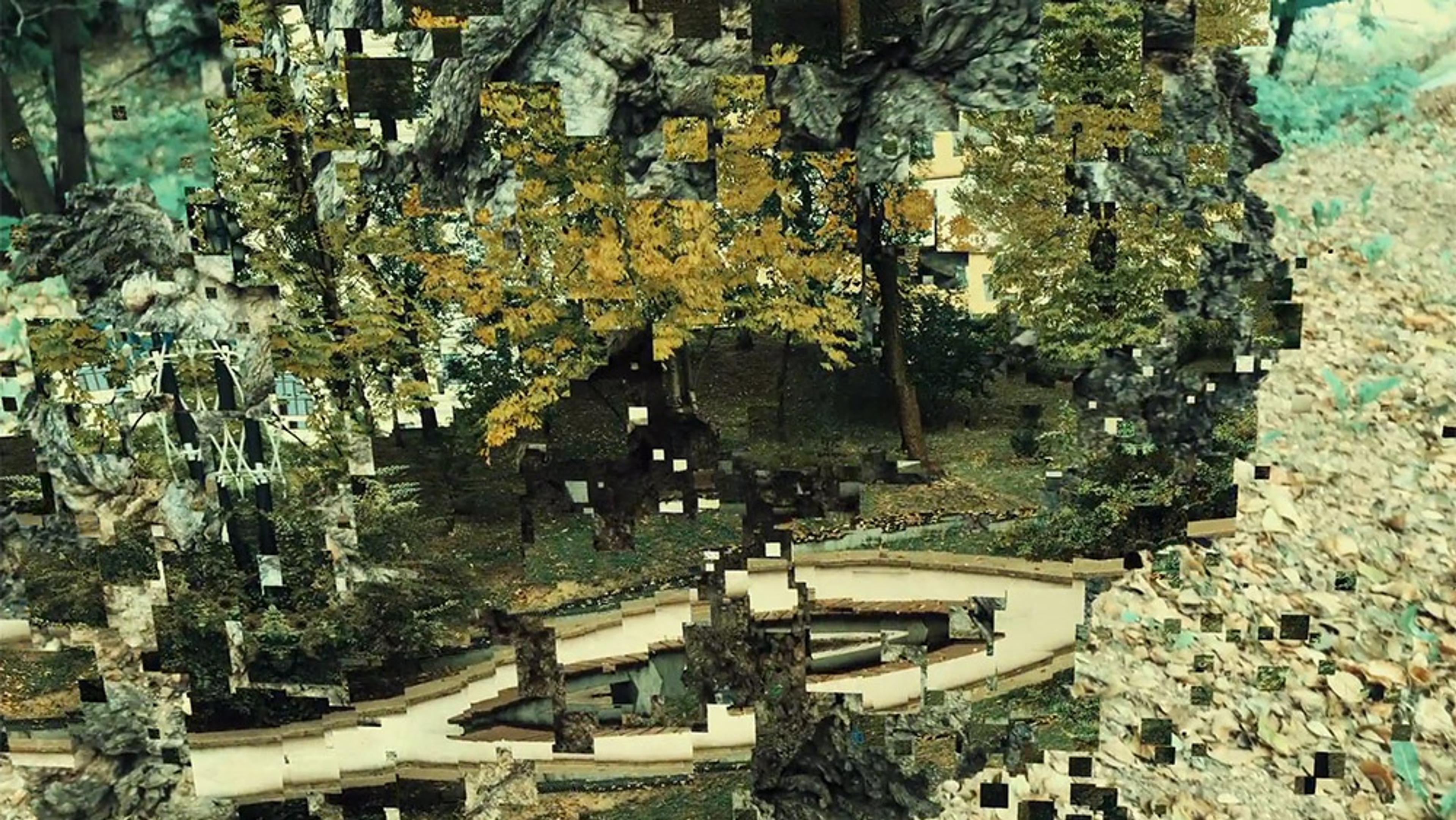 A distorted photo of a park scene, featuring a pathway, trees and autumn foliage, with fragmented, pixelated sections throughout the image.