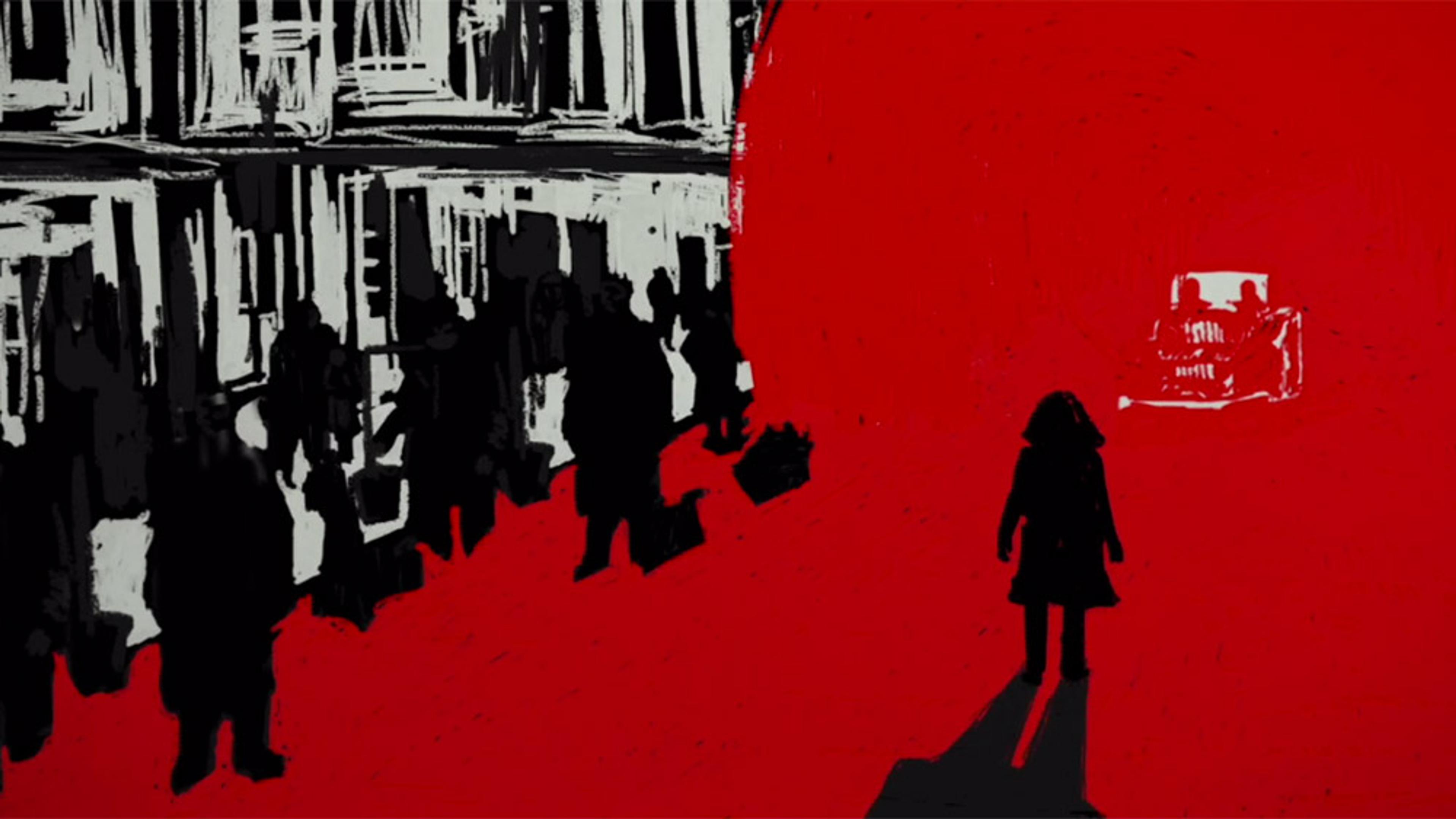 Painting with silhouette figures on a red street, white buildings on the left, and a small car in the distance.