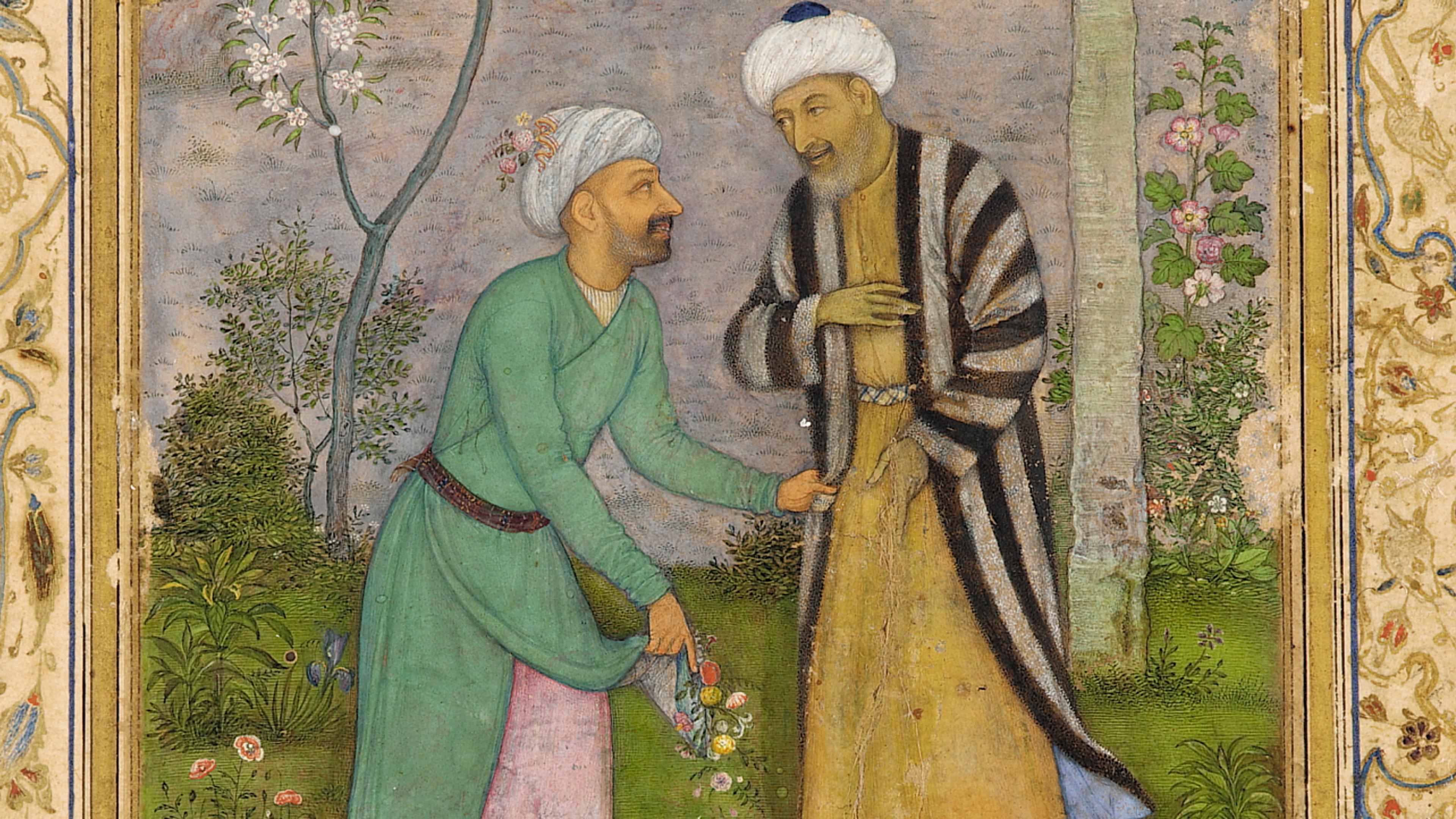Miniature painting of two men in traditional Persian attire, standing in a garden surrounded by trees with floral accents.