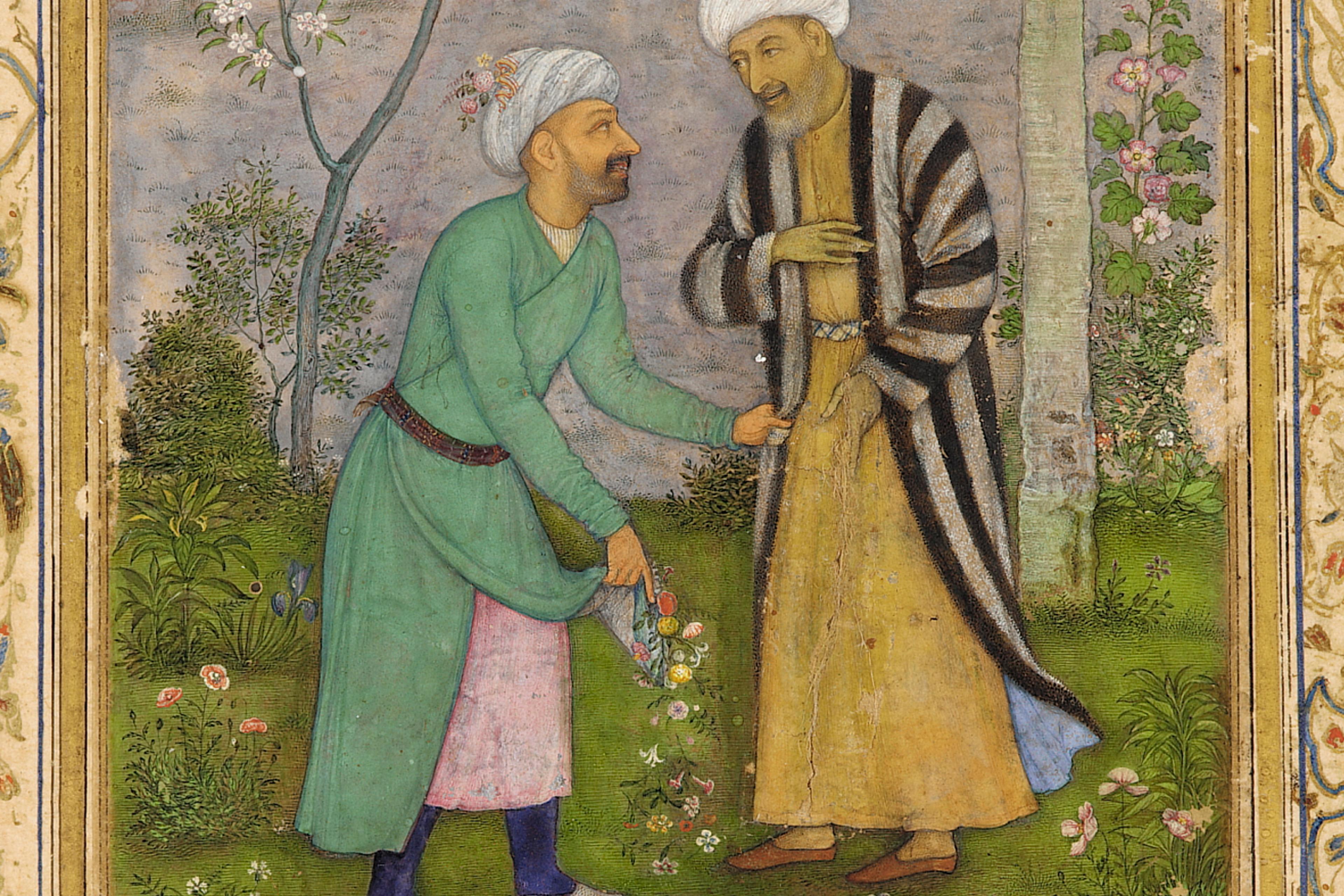 Miniature painting of two men in traditional Persian attire, standing in a garden surrounded by trees with floral accents.