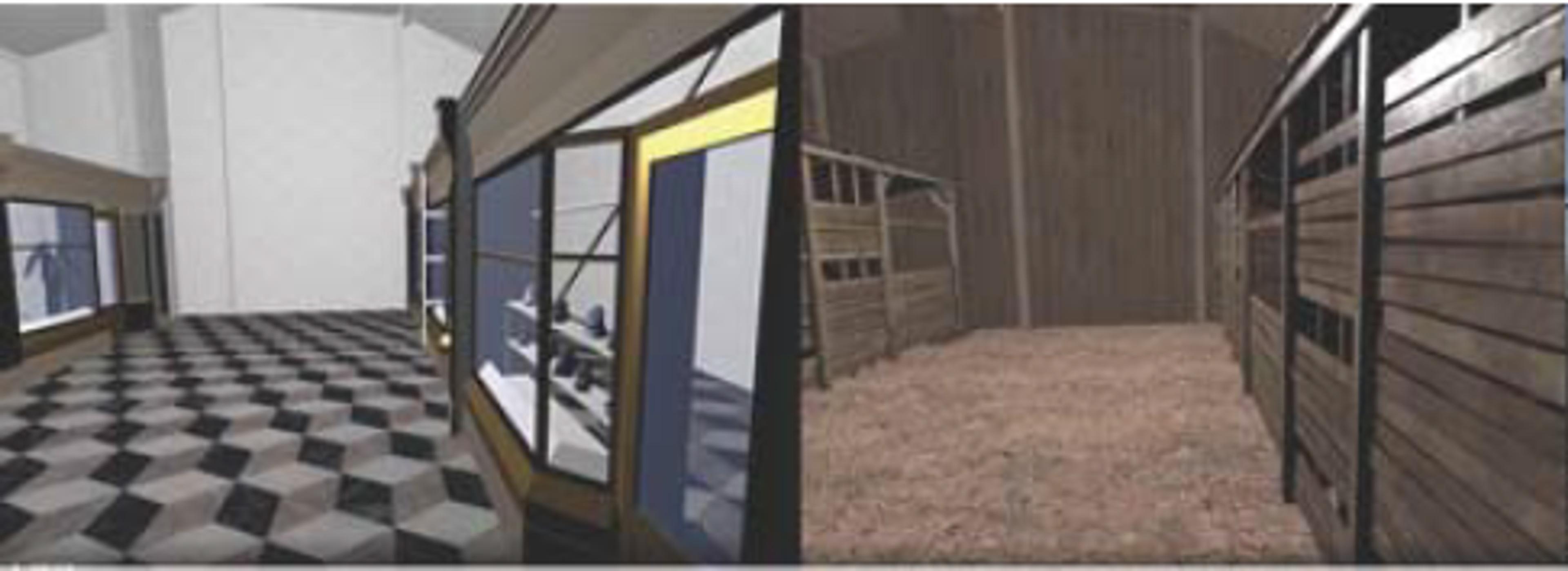 Split image depicting an interior hallway with a tiled floor on the left and a rural wooden barn interior on the right, digital rendering.