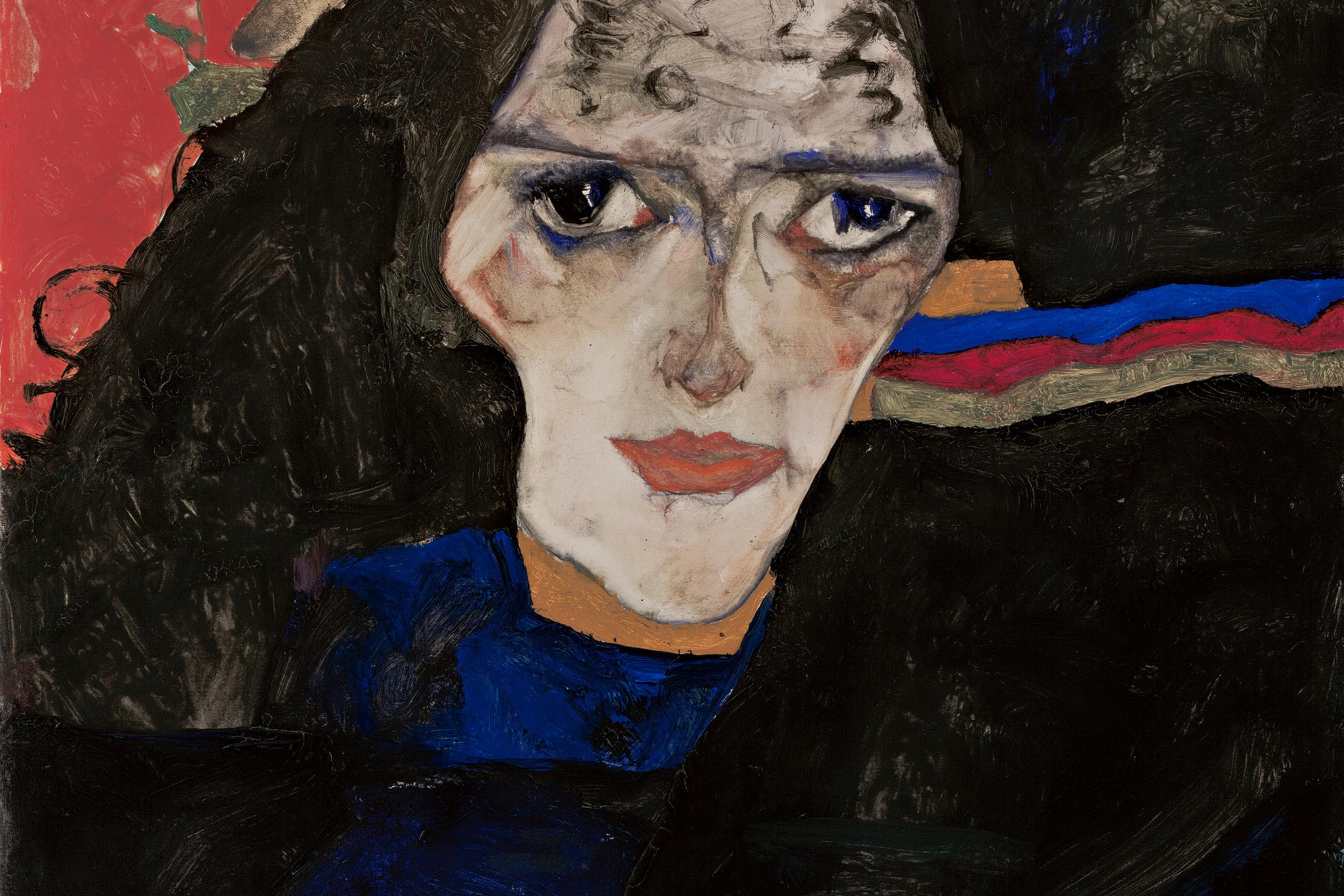 Painting of a woman with large eyes wearing dark clothes surrounded by bold colours including red and yellow.