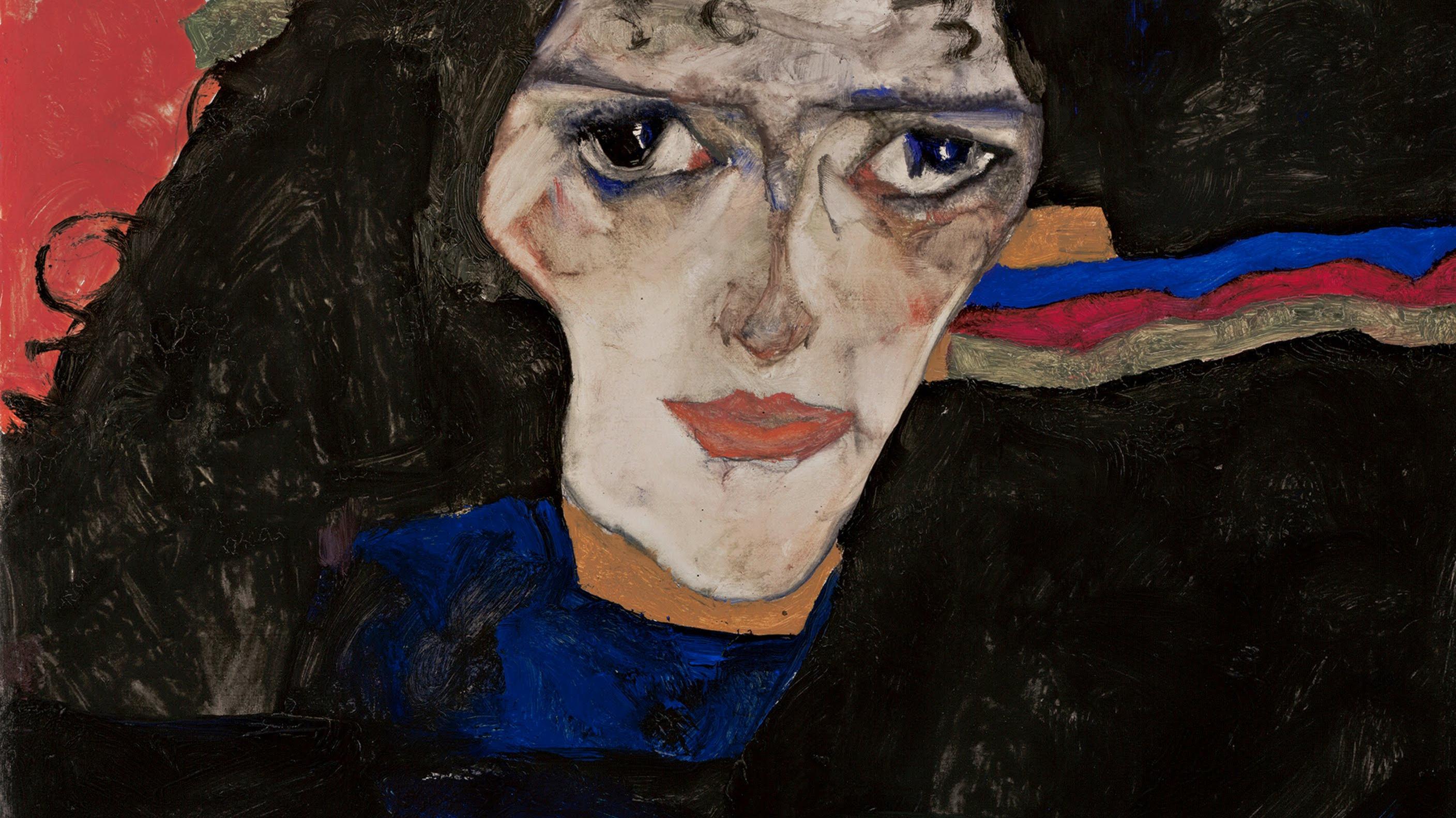 Painting of a woman with large eyes wearing dark clothes surrounded by bold colours including red and yellow.
