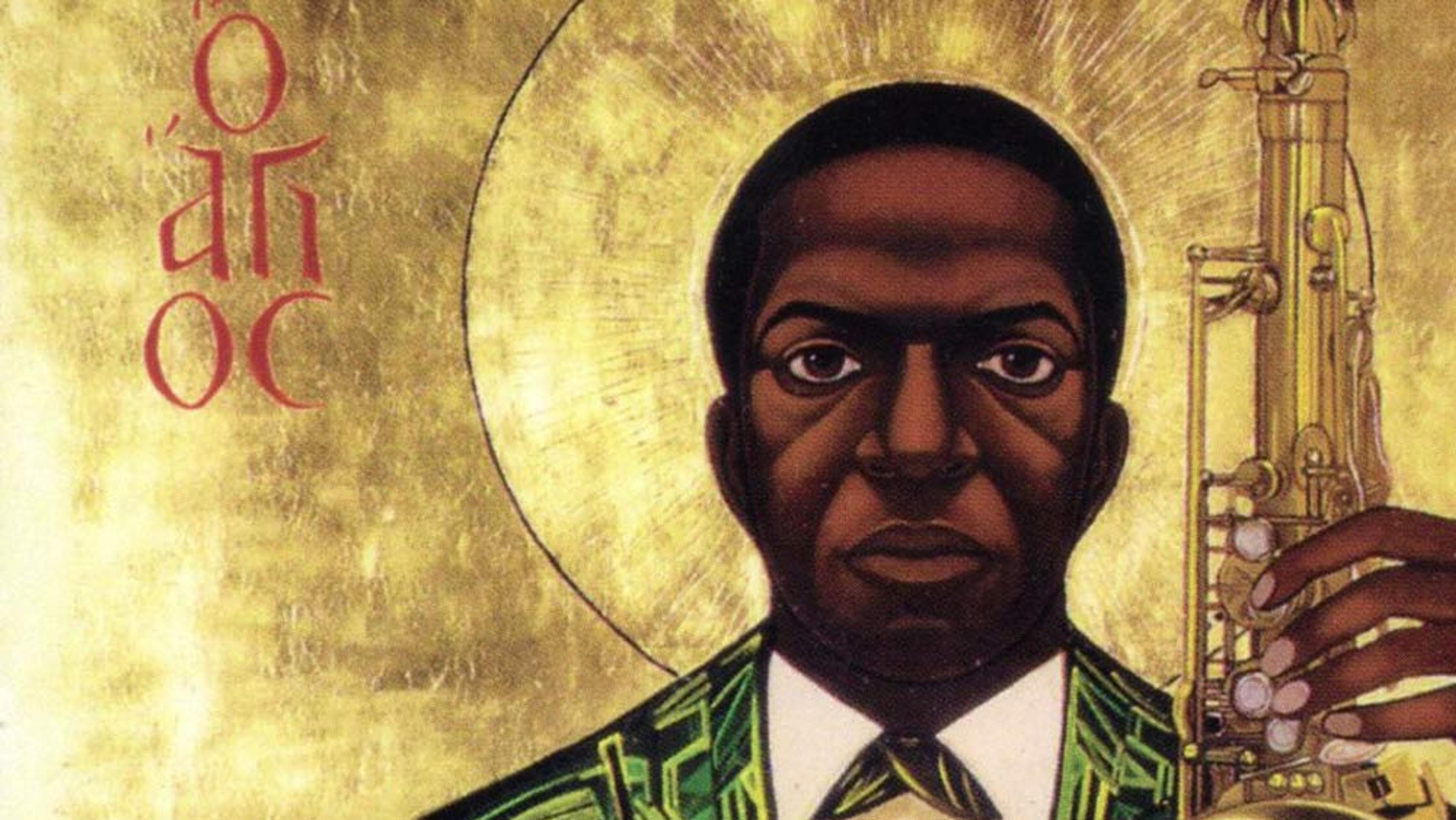 Icon of a Black man with a halo holding a saxophone on a golden background with red Greek letters on the left side.