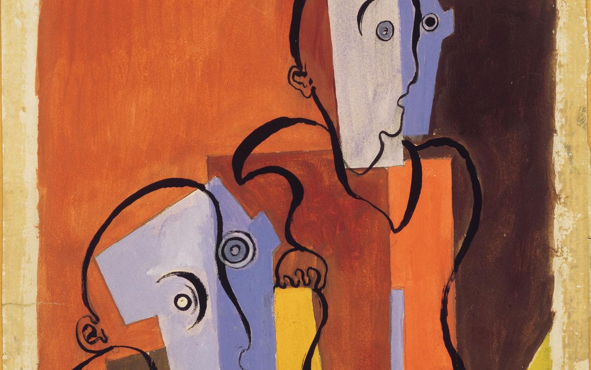 Abstract painting of two distorted faces with geometric shapes in orange, purple and brown tones.