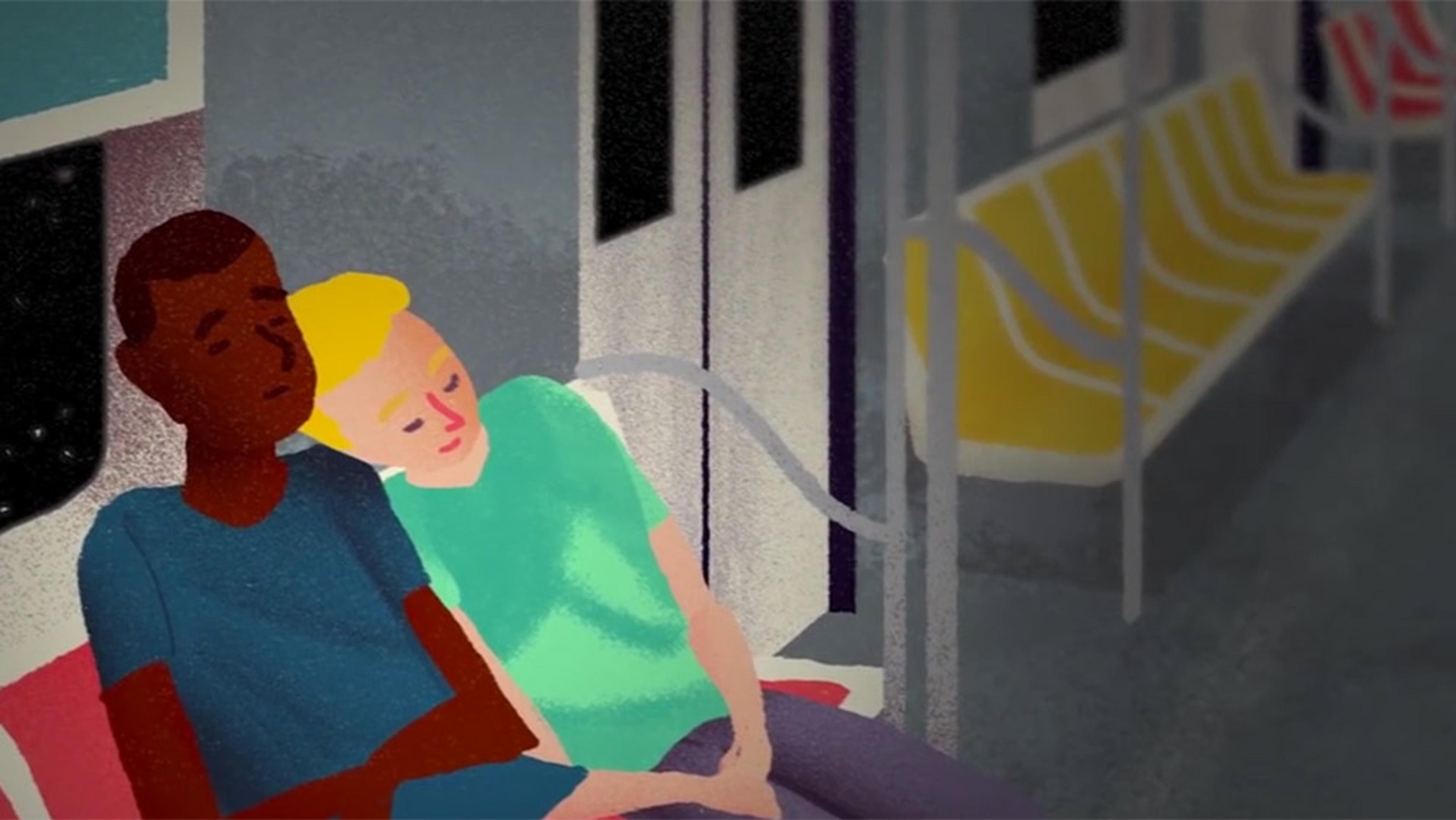 Illustration of two people sitting on a train, one resting their head on the other’s shoulder. The train appears empty in the background.