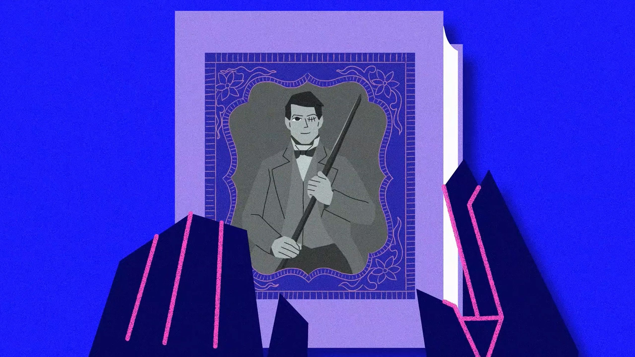 Illustration of a vintage portrait in a purple frame held by gloved hands, features a man with a rod against a blue background.
