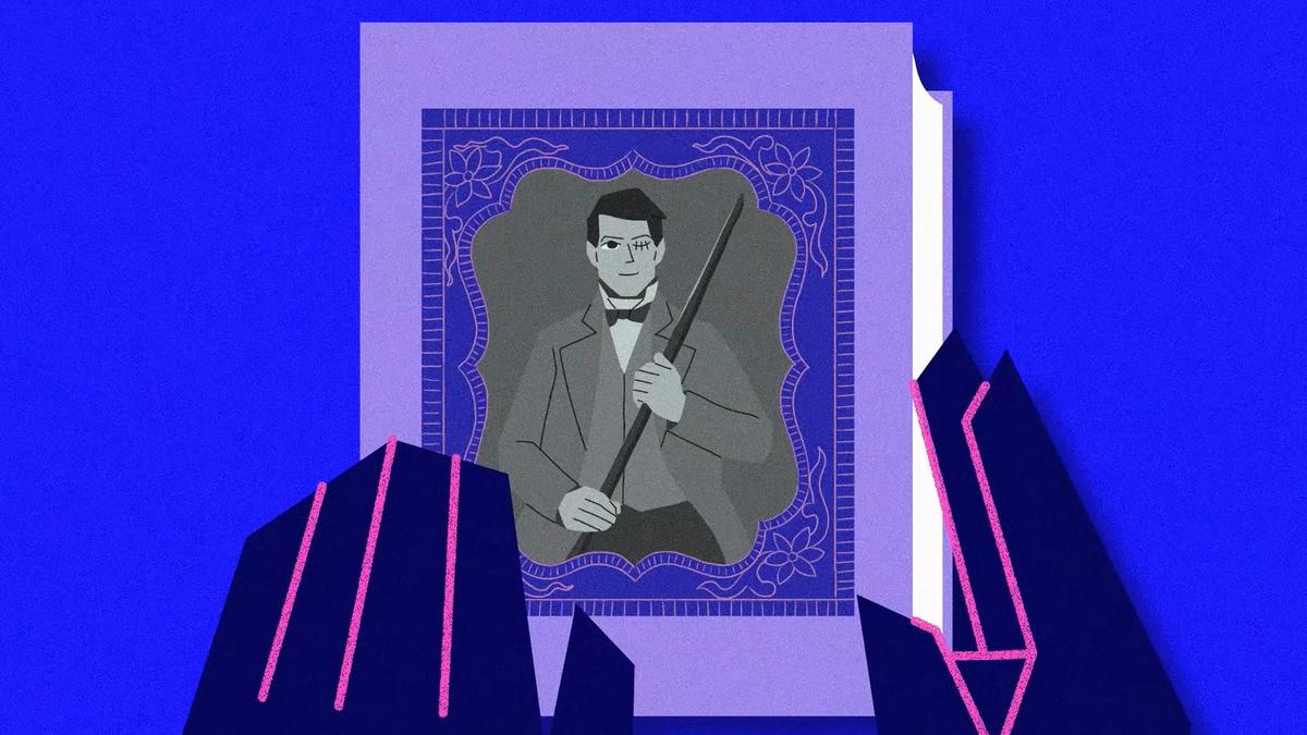 Illustration of a vintage portrait in a purple frame held by gloved hands, features a man with a rod against a blue background.