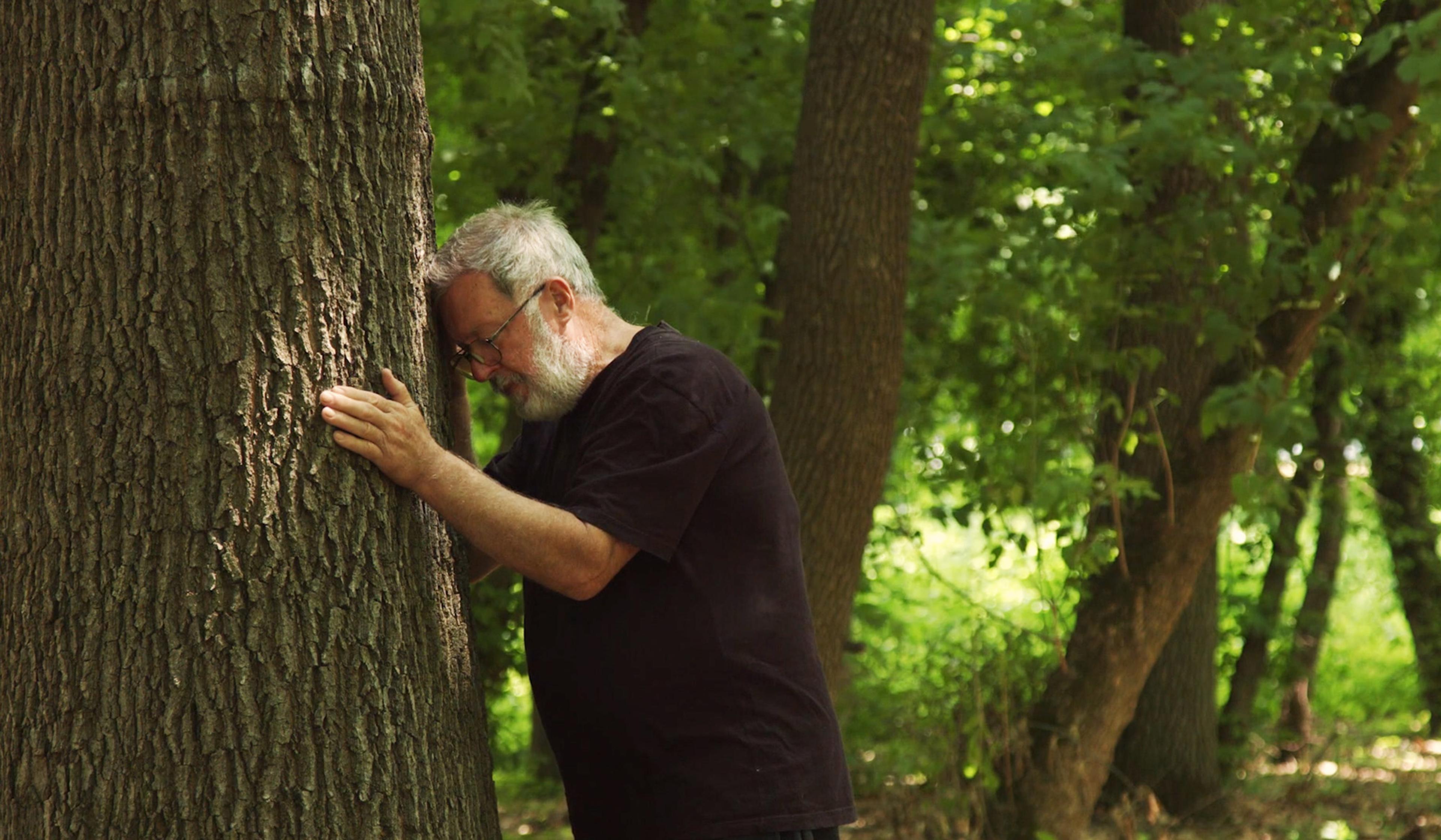 Elderly man with grey hair and beard, wearing glasses and a black T-shirt, resting his head against a tree trunk in a forest.