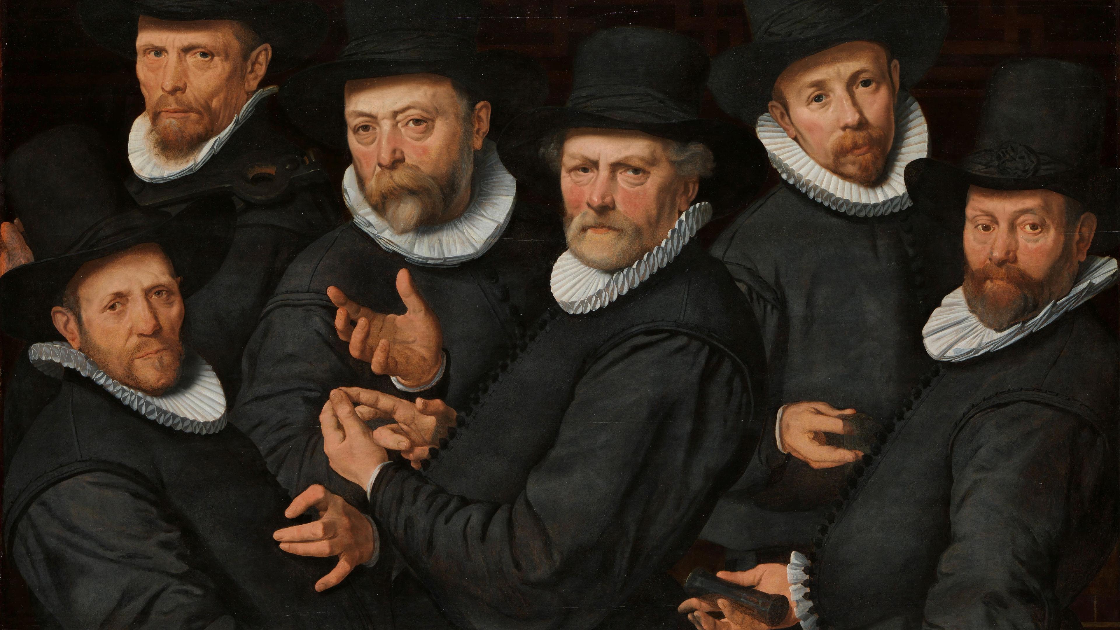 A 17th-century painting of six men in black attire with white ruffs and wide-brimmed hats, posed in a formal group setting.