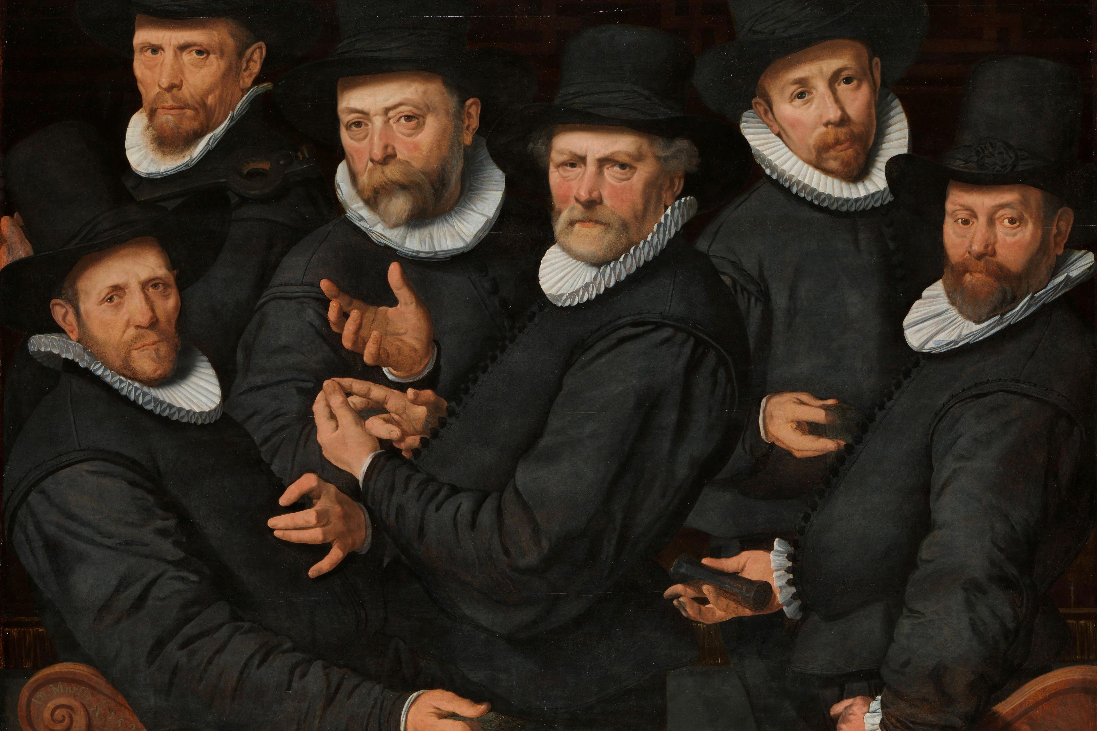 A 17th-century painting of six men in black attire with white ruffs and wide-brimmed hats, posed in a formal group setting.