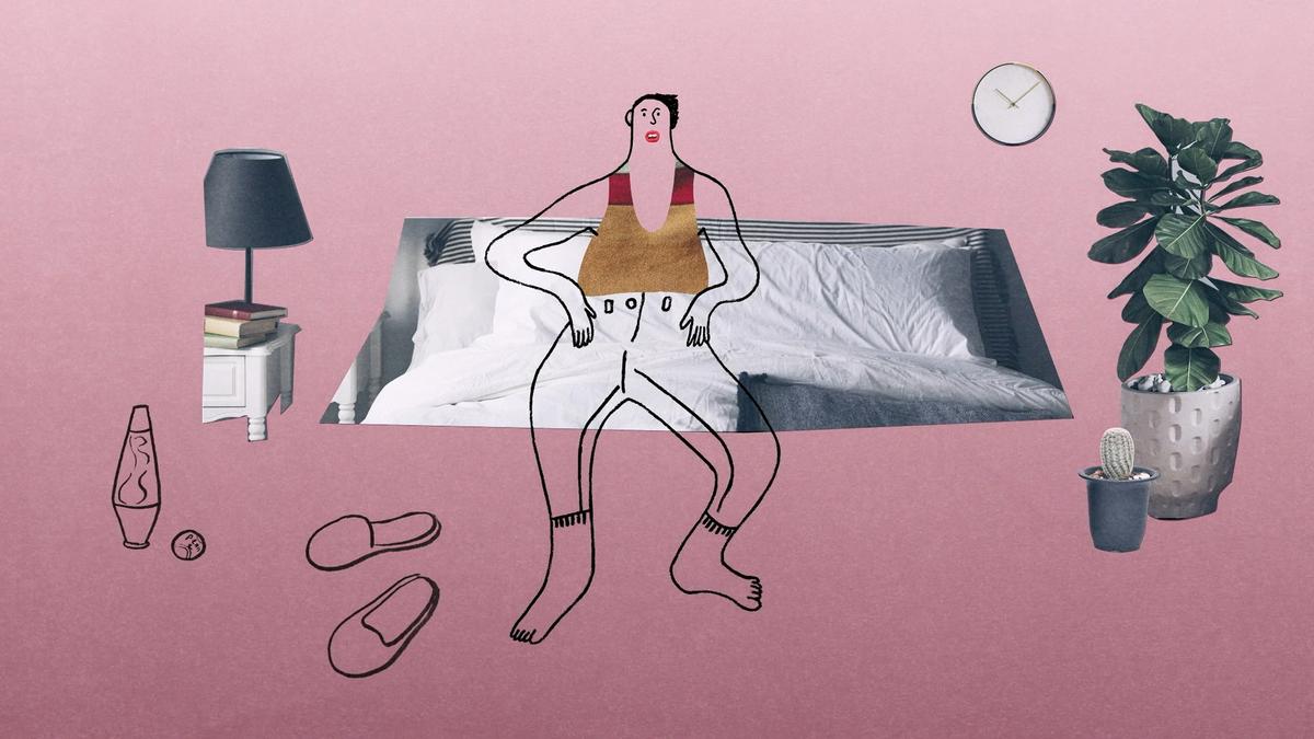 Illustration of a person sitting in a room with a bed and various objects. The background is pink, and the objects include a lamp, books, clock, plants, lava lamp, slippers, and a small ball. The person appears to be drawn in a simple, sketch-like style.