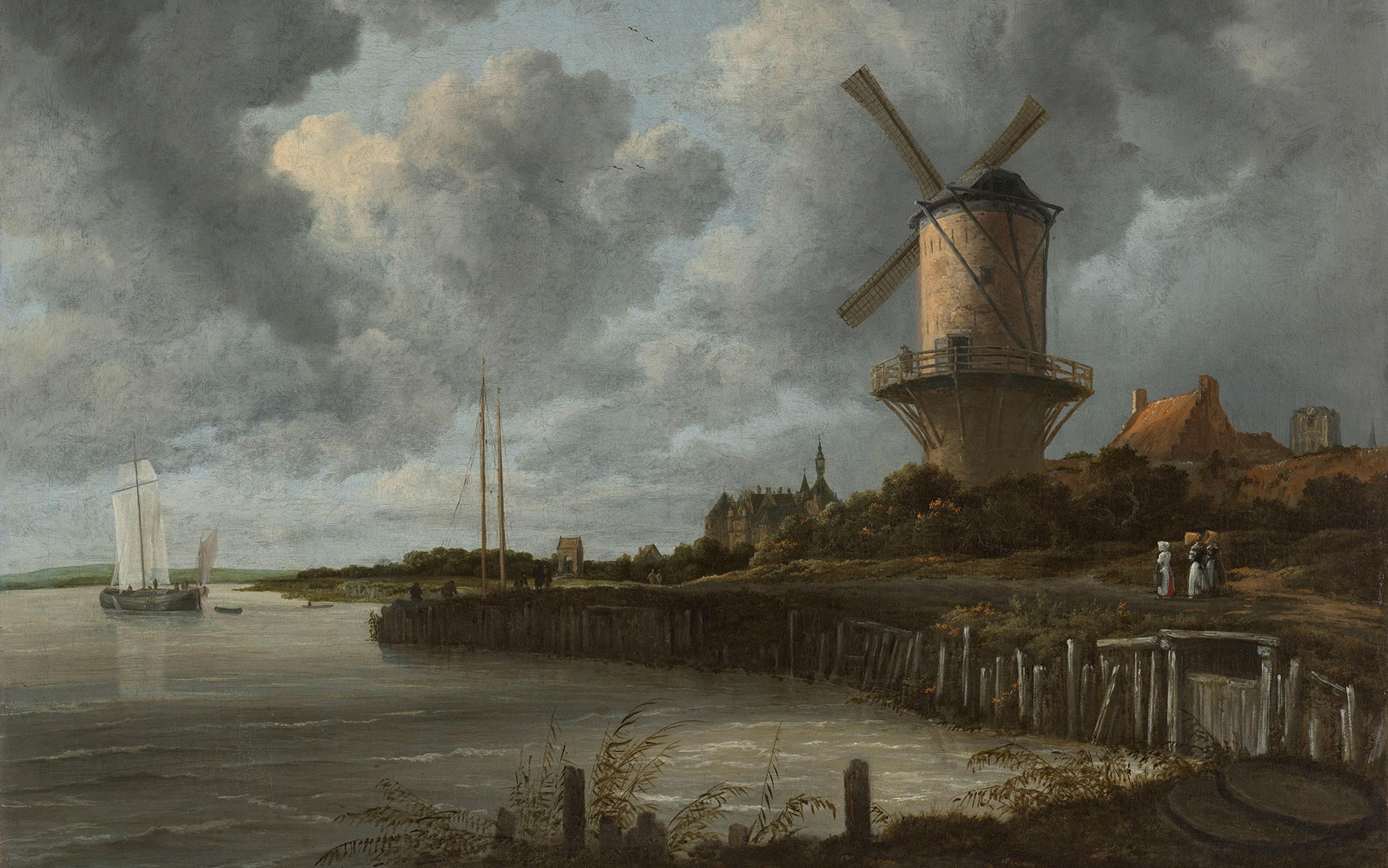 Painting of a riverside scene with a large windmill, boats on the water, and three women standing on the bank next to a dock, under cloudy sky.