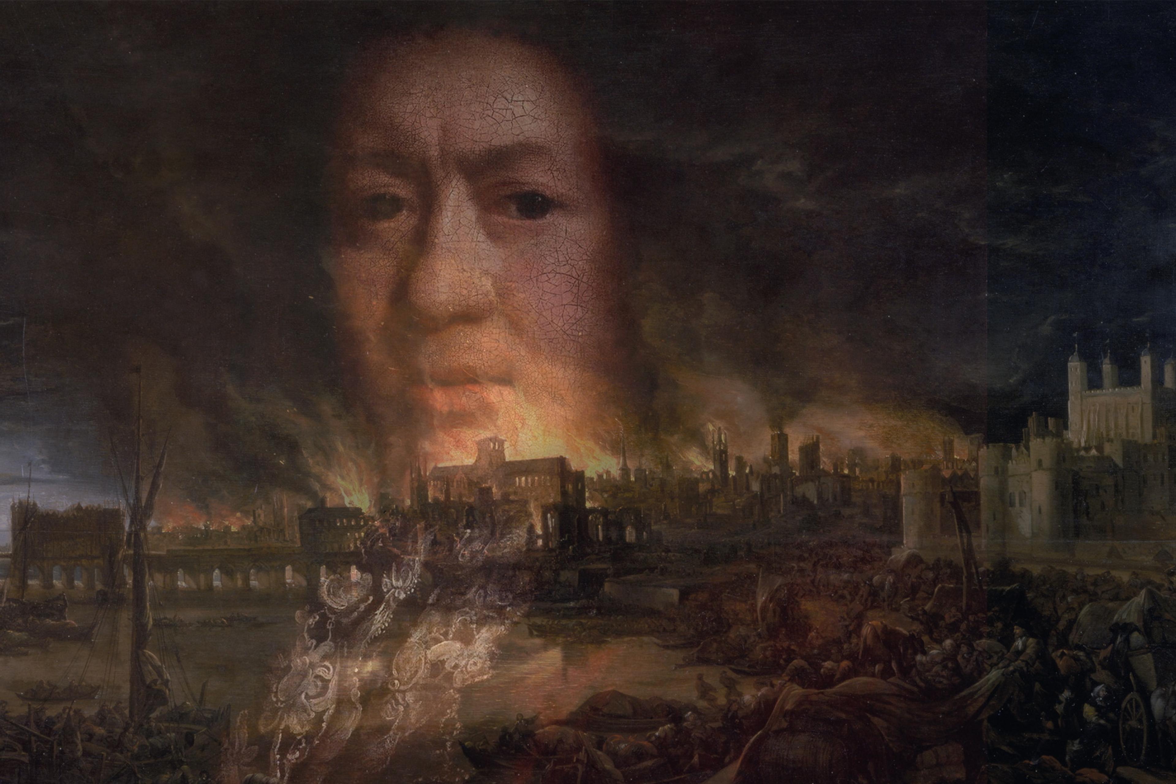 Painting of a giant face amid a city on fire at night with glowing embers and smoke, distant bridge and buildings visible.