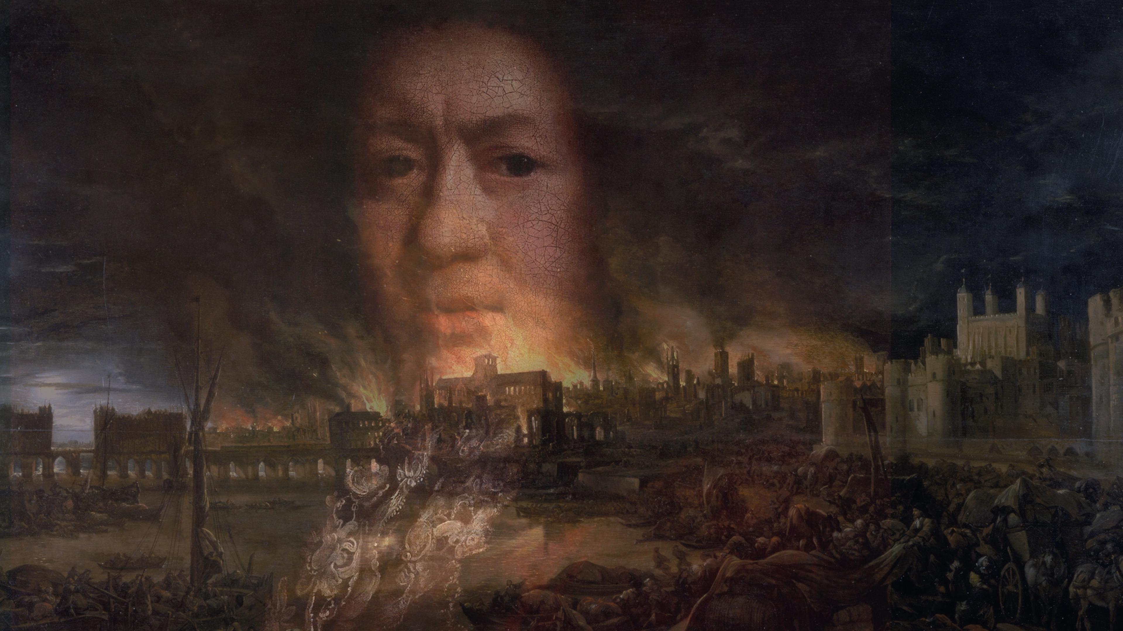 Painting of a giant face amid a city on fire at night with glowing embers and smoke, distant bridge and buildings visible.