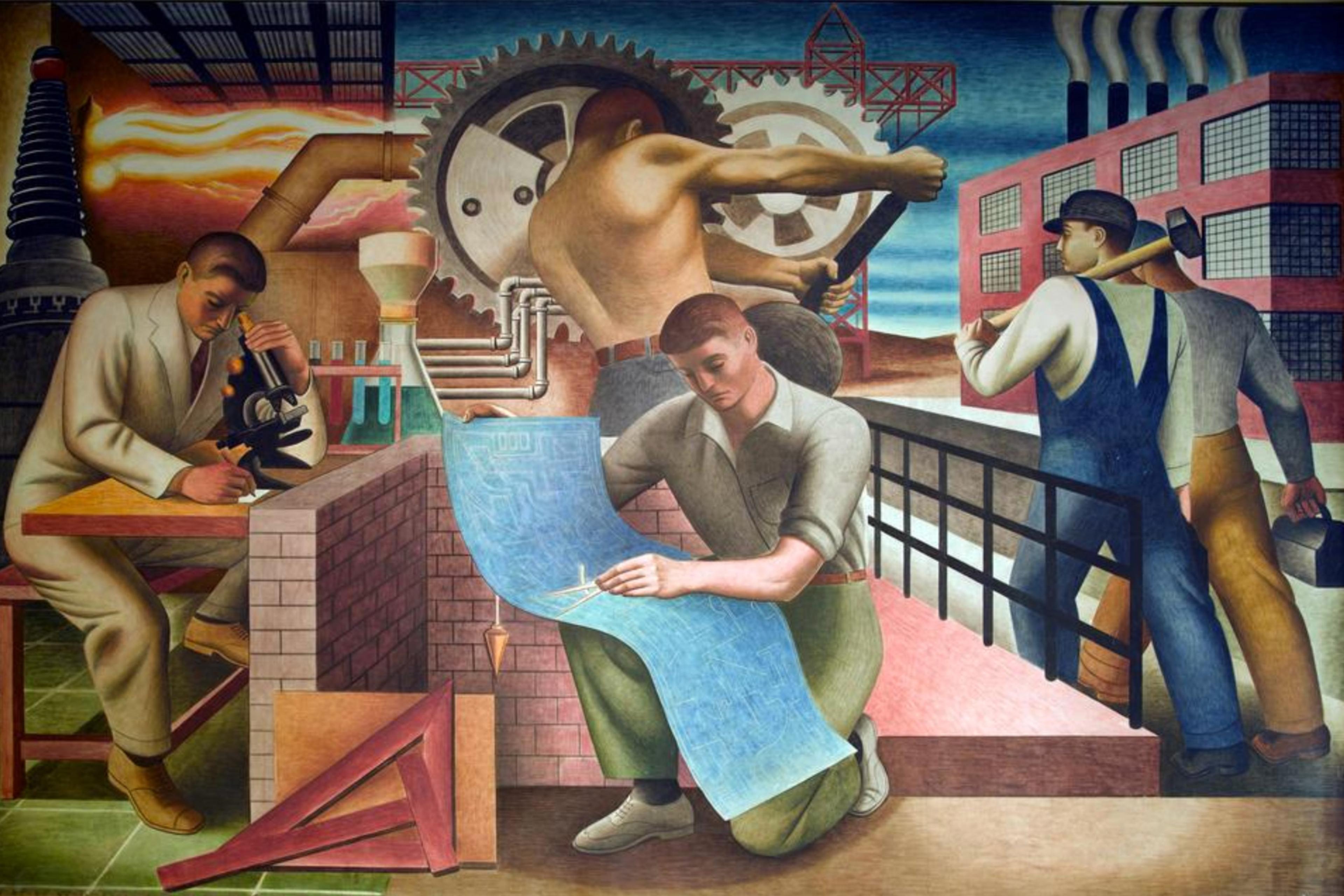 Painting of industrial workers and scientists performing tasks; includes gears, blueprints and factory elements.