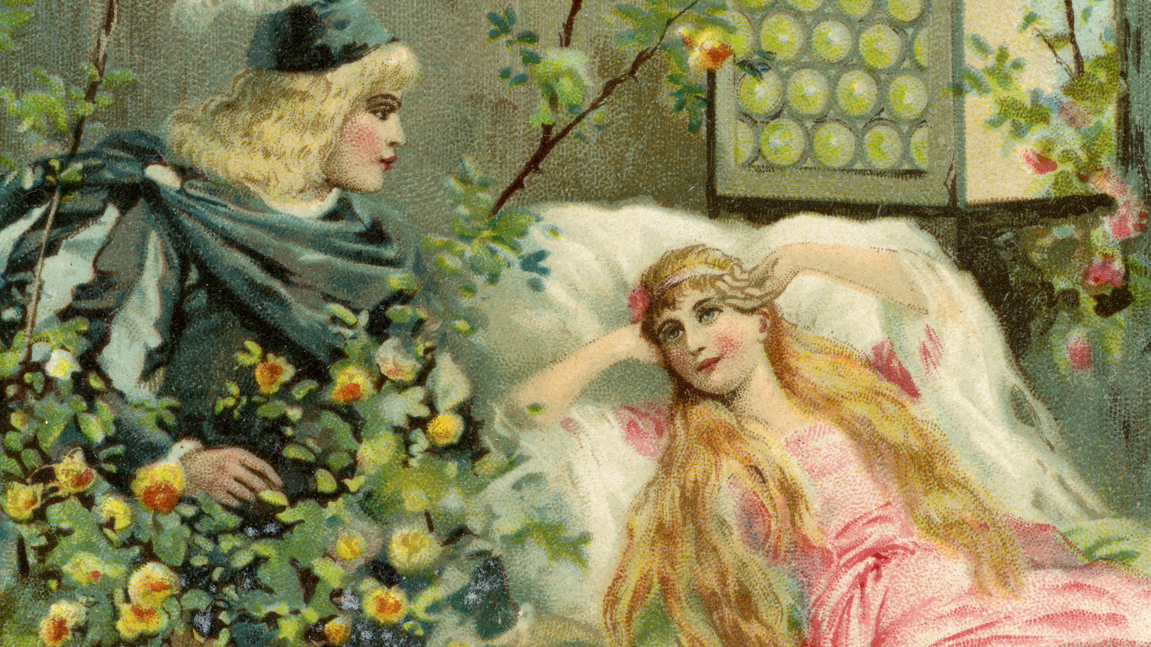 Vintage painting of a man by a window with yellow flowers looking at a woman in a pink dress lying on a bed.