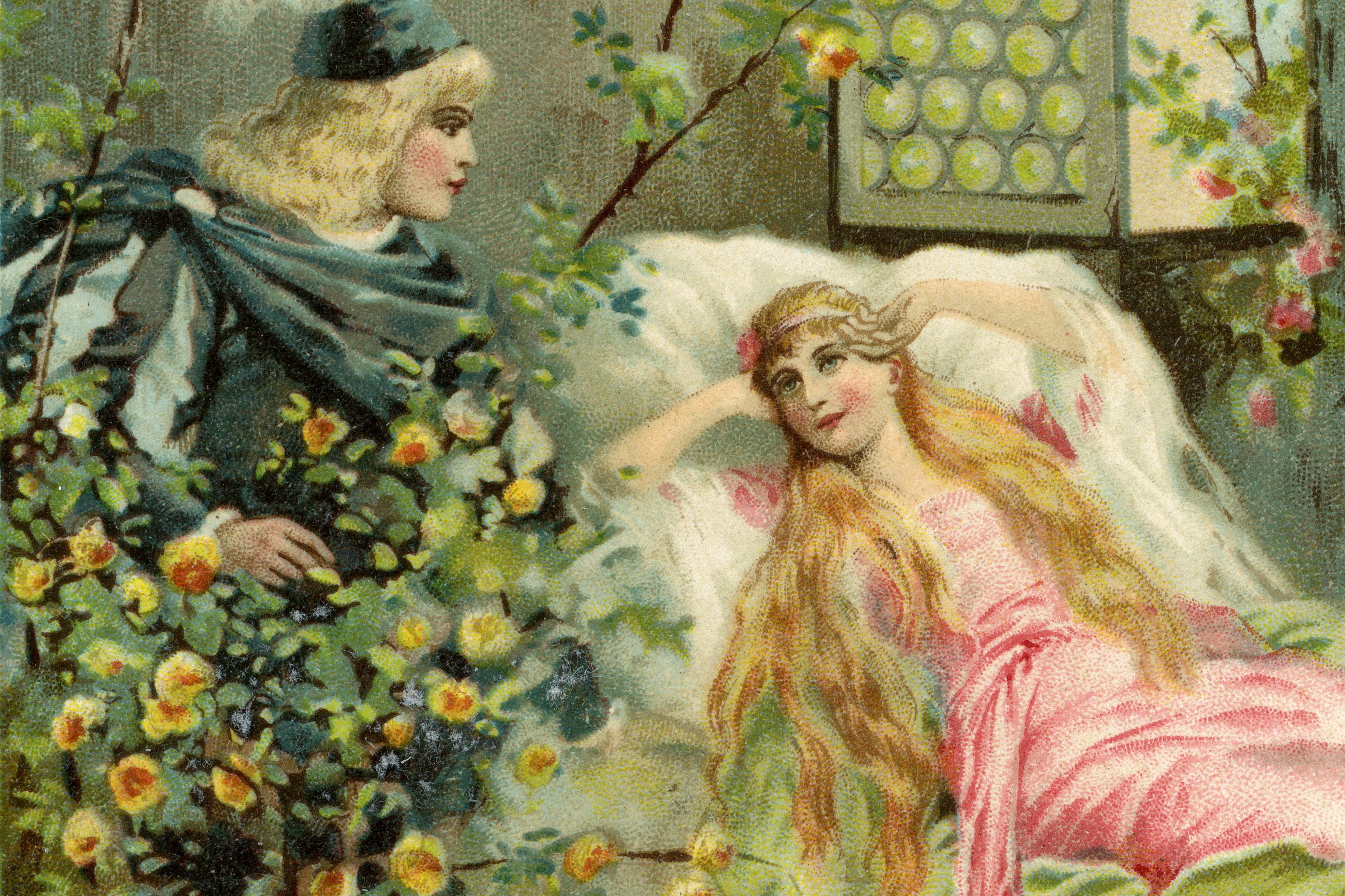 Vintage painting of a man by a window with yellow flowers looking at a woman in a pink dress lying on a bed.