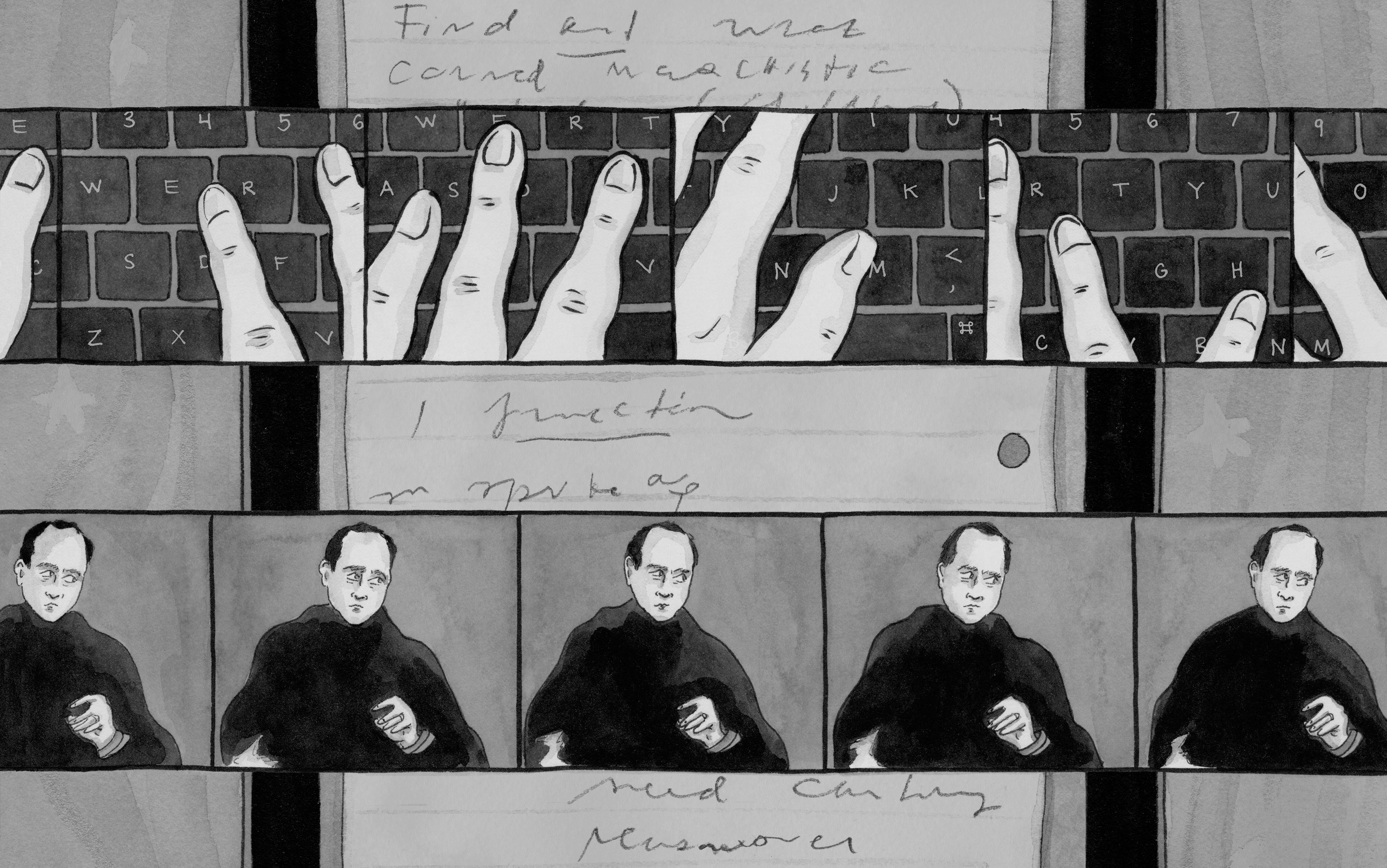 Illustration of hands typing on a keyboard with handwritten notes and a man in a sequence of frames.