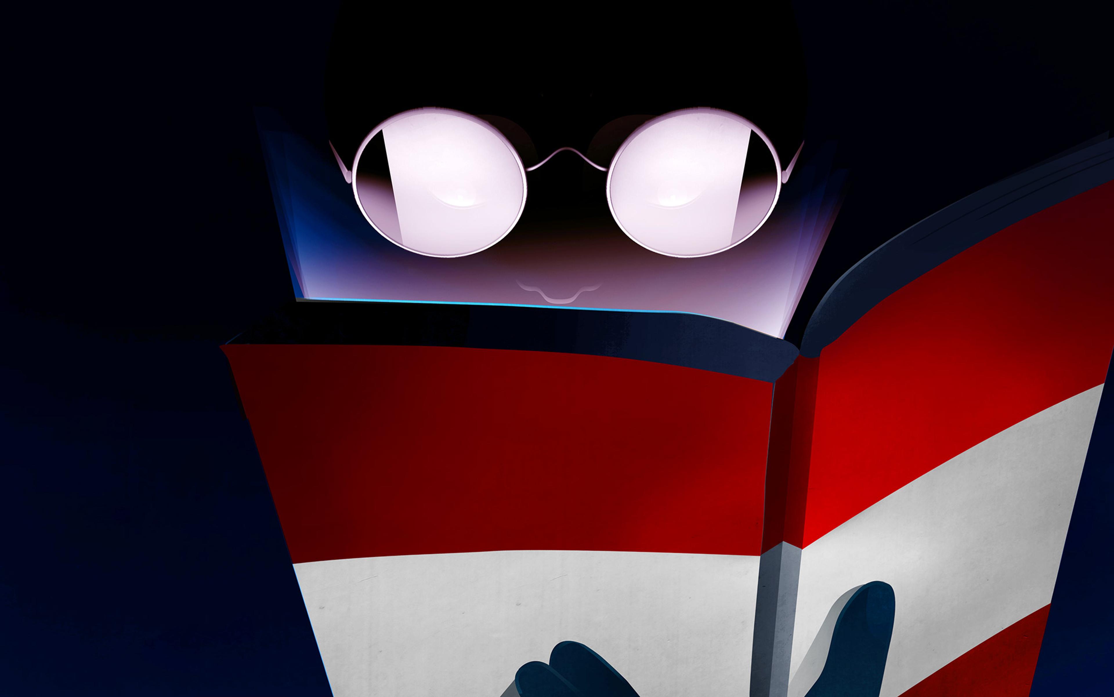 Illustration of a figure wearing glasses, illuminated by an open book with red and white pages, set against a dark background.