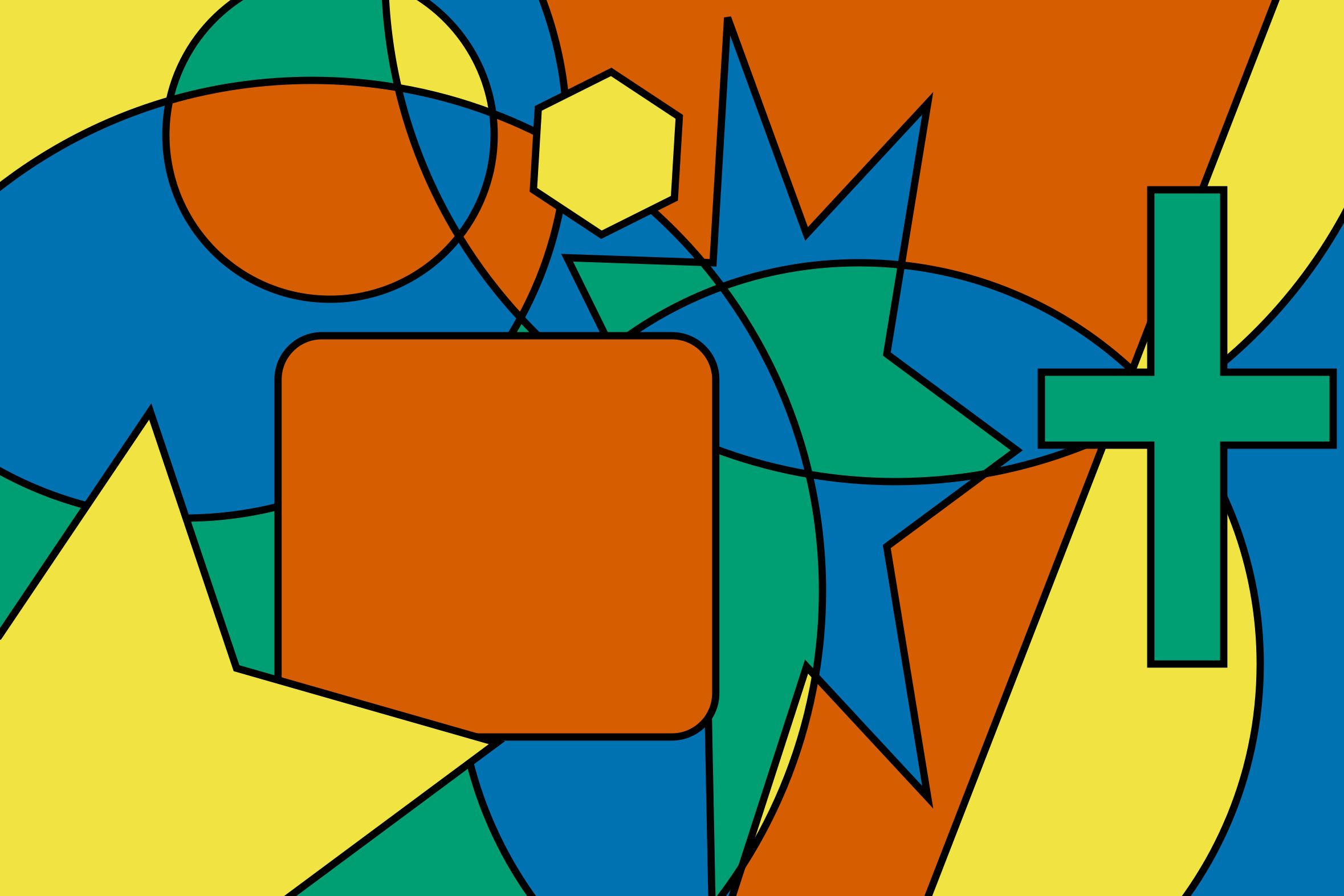 Abstract painting with colourful geometric shapes including circles, stars and crosses in blue, orange, green and yellow.