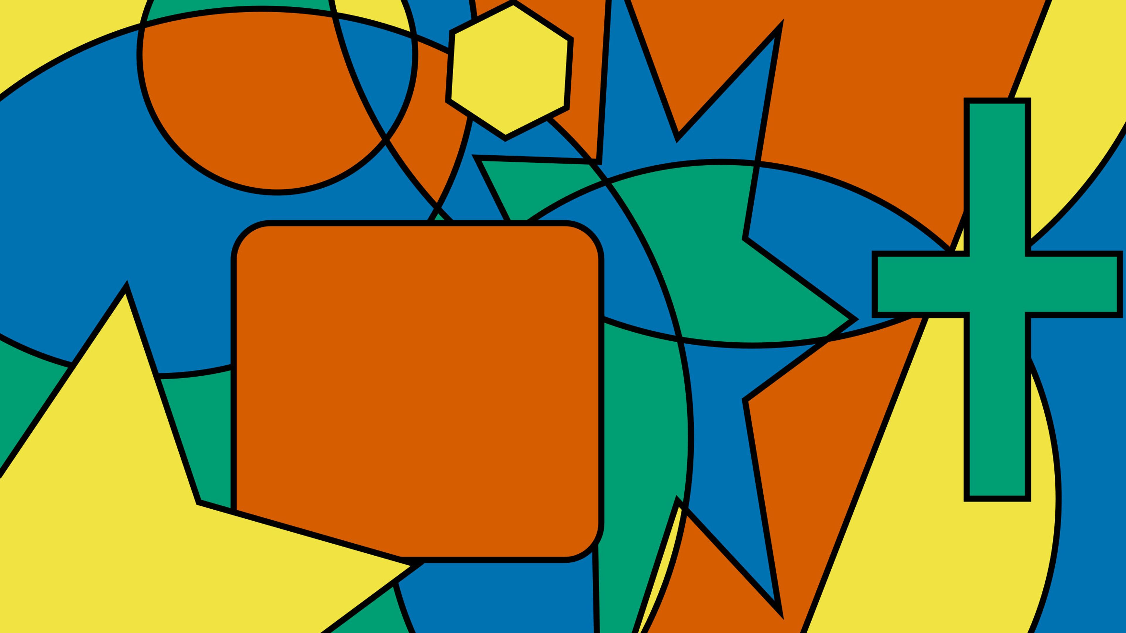 Abstract painting with colourful geometric shapes including circles, stars and crosses in blue, orange, green and yellow.