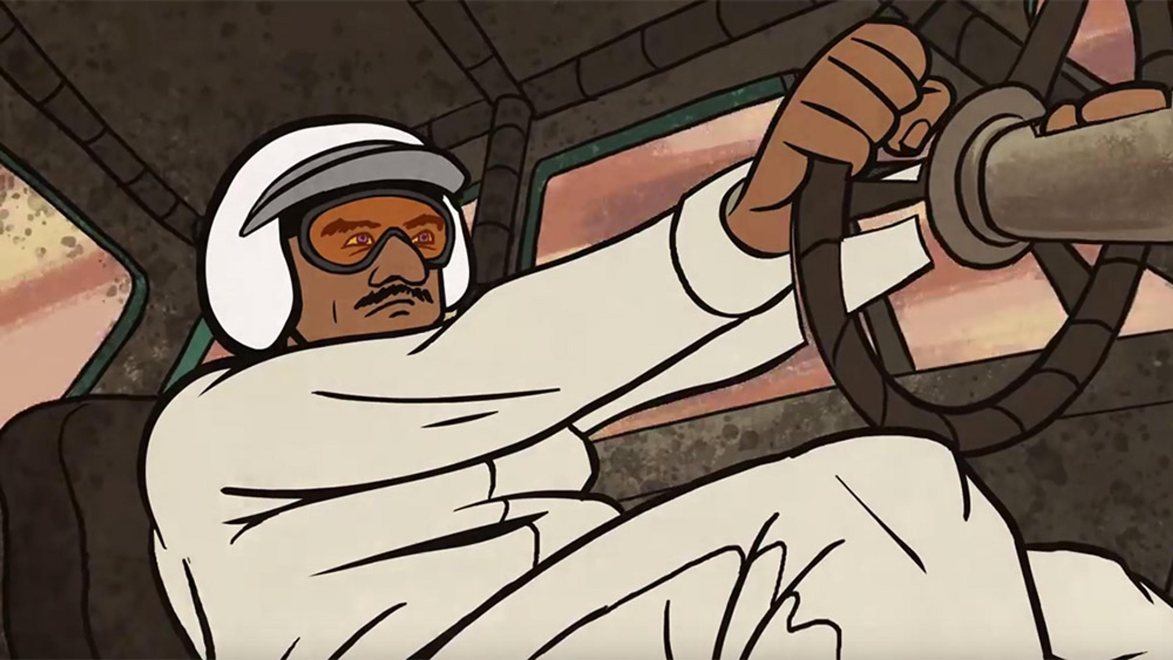 An animated image of a man in a white helmet and goggles driving a car, gripping the steering wheel inside a cockpit with a determined expression.