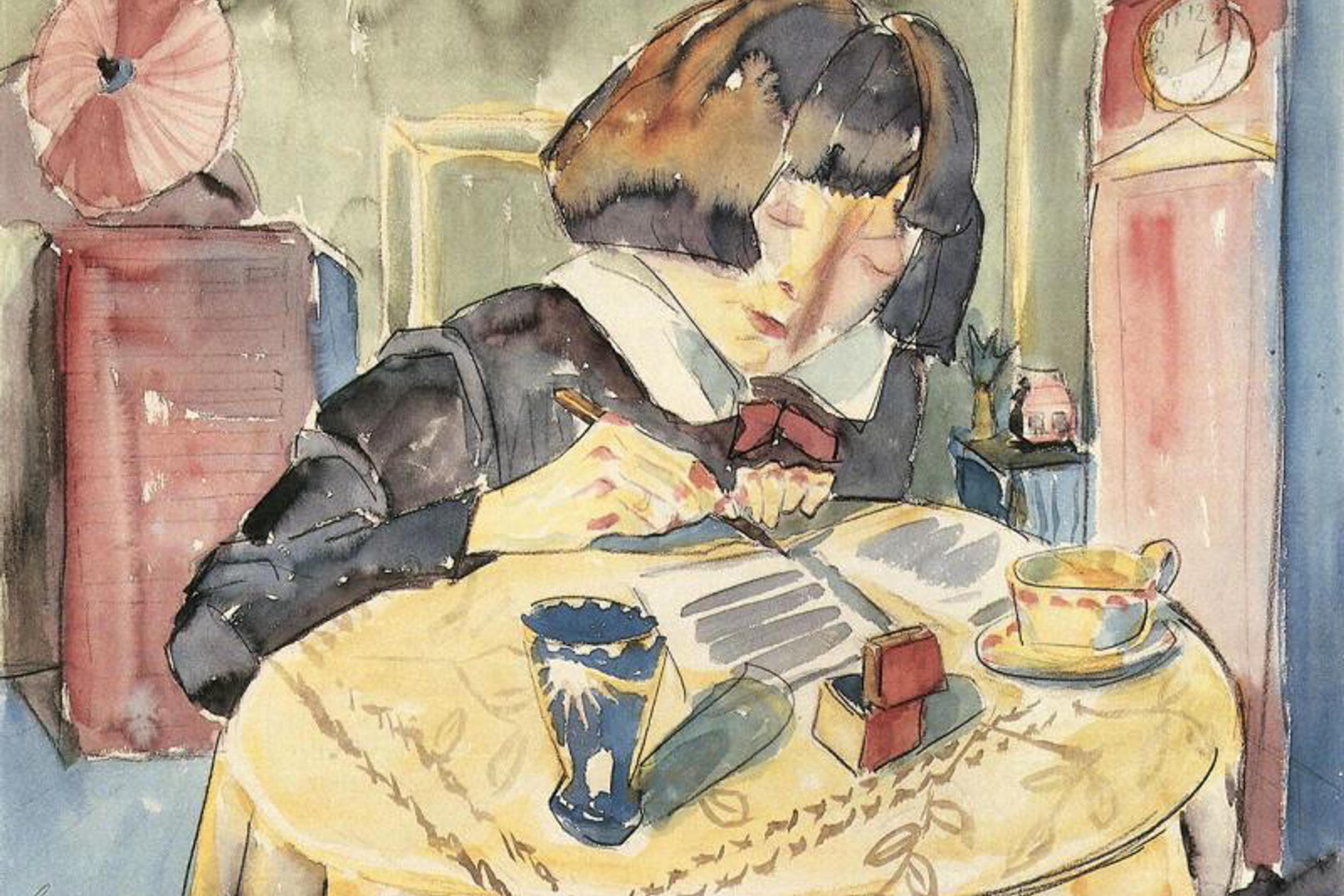 Watercolour painting of a person writing at a table with a cup, clock and decorative objects in a cosy room.