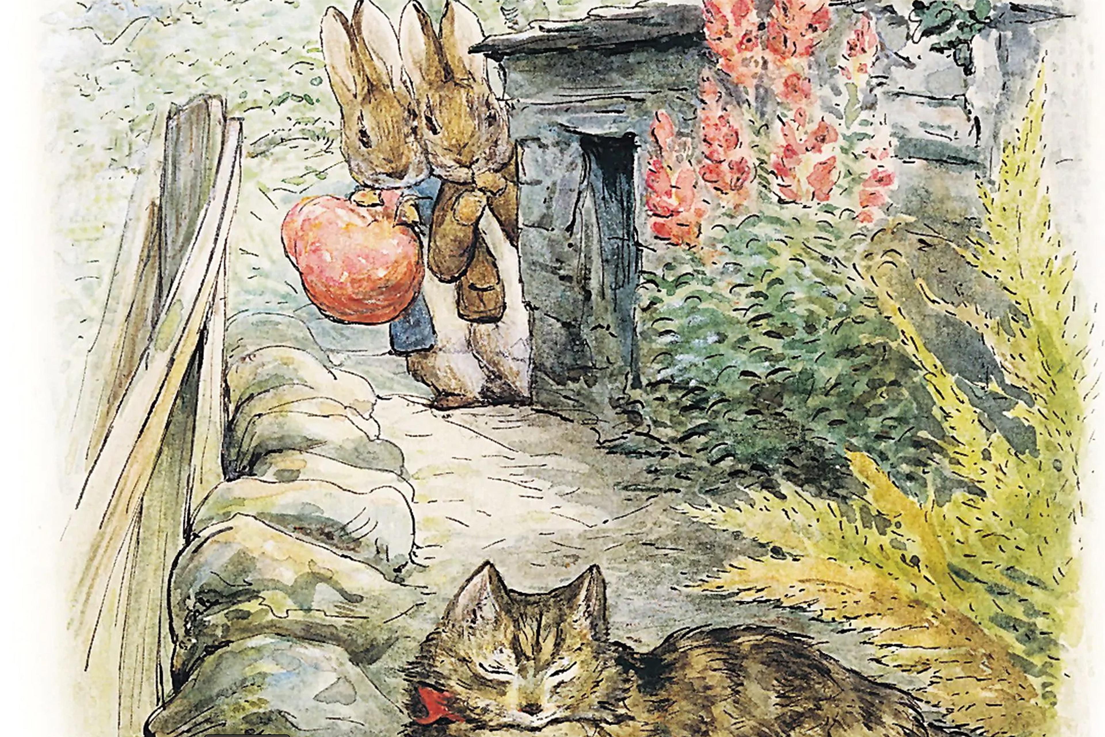 Watercolour illustration of two rabbits carrying a large fruit past a sleeping cat in a garden scene.