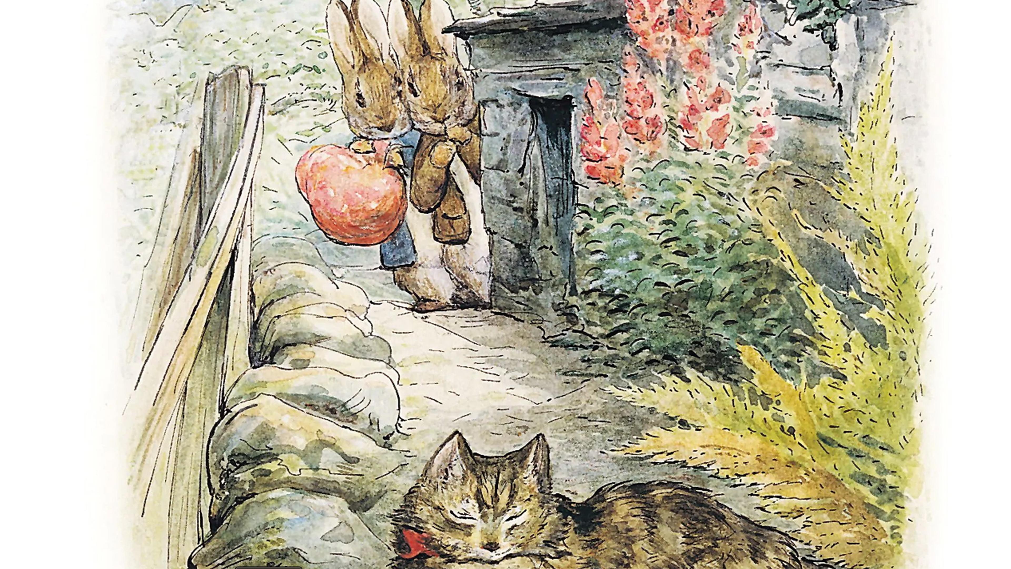 Watercolour illustration of two rabbits carrying a large fruit past a sleeping cat in a garden scene.