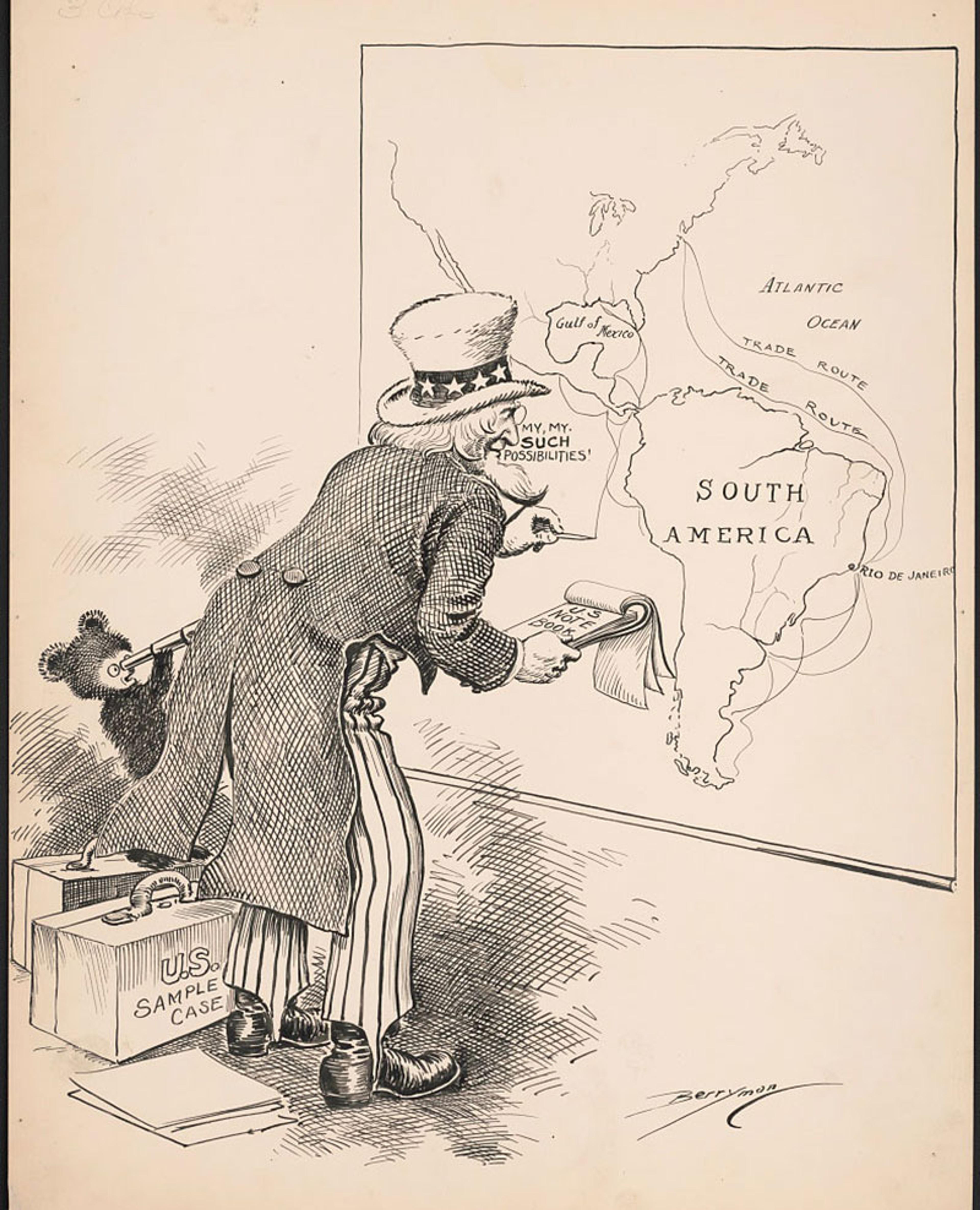 Cartoon of Uncle Sam examining a map of South America with a note pad, suitcase labelled “U.S. Sample Case” nearby.