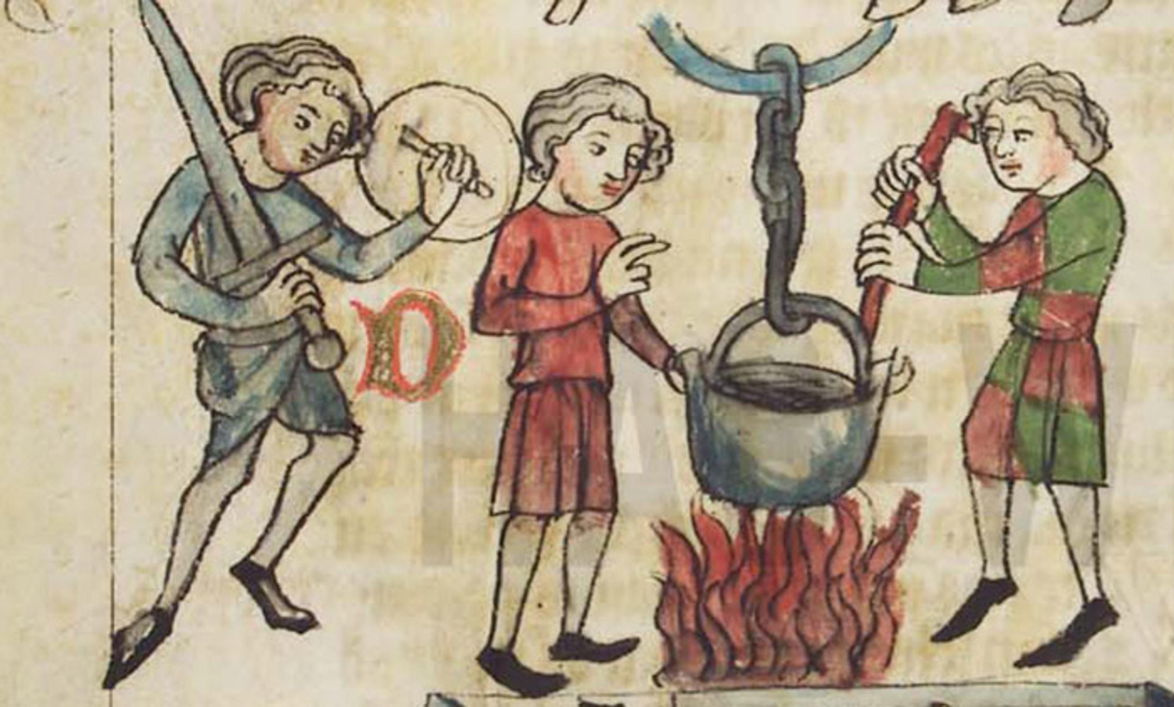 <p>Ordeal of boiling water from a Sachsenspiegel manuscript (1350-1375). <em>Photo courtesy the Herzog August Bibliothek, Wolfenbüttel, Germany</em></p>