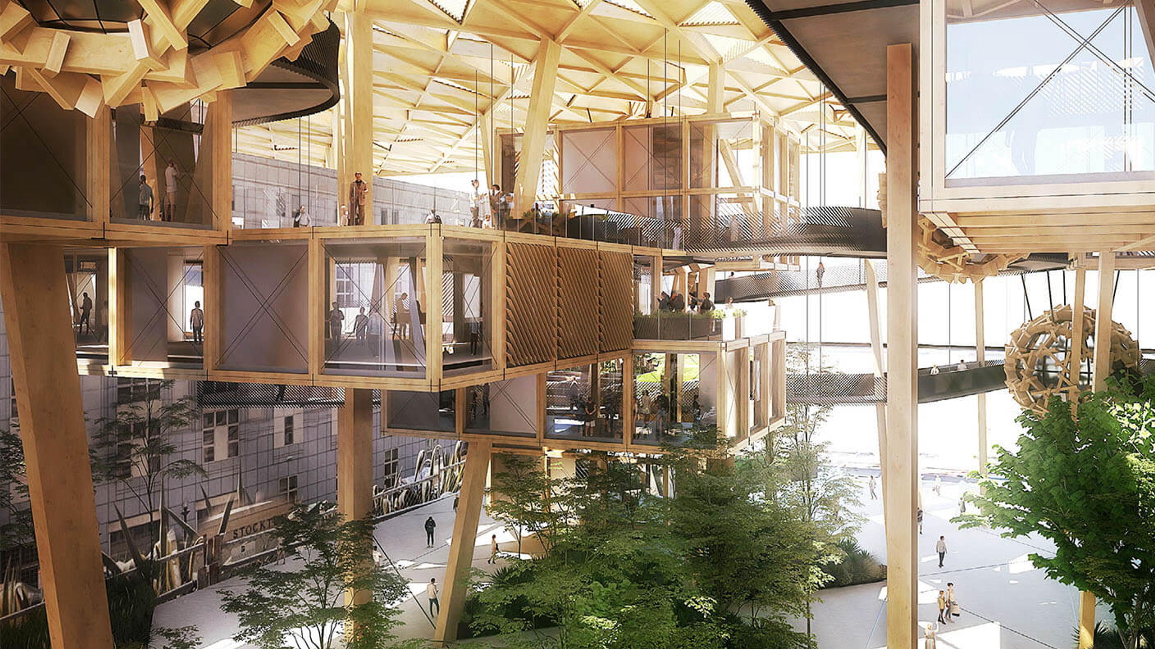 Futuristic architectural rendering with wooden structures elevated above a tree-filled courtyard space.
