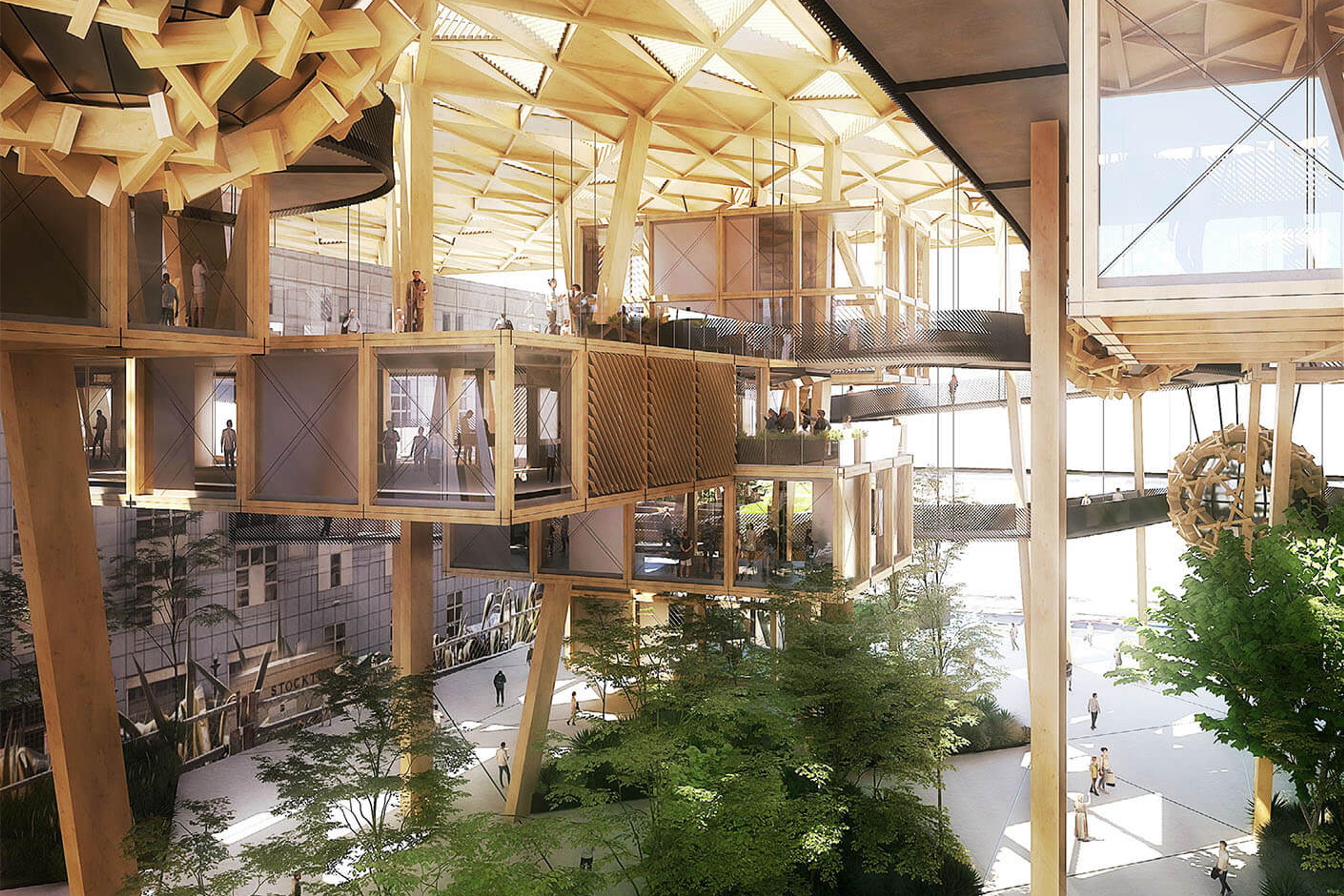 Futuristic architectural rendering with wooden structures elevated above a tree-filled courtyard space.